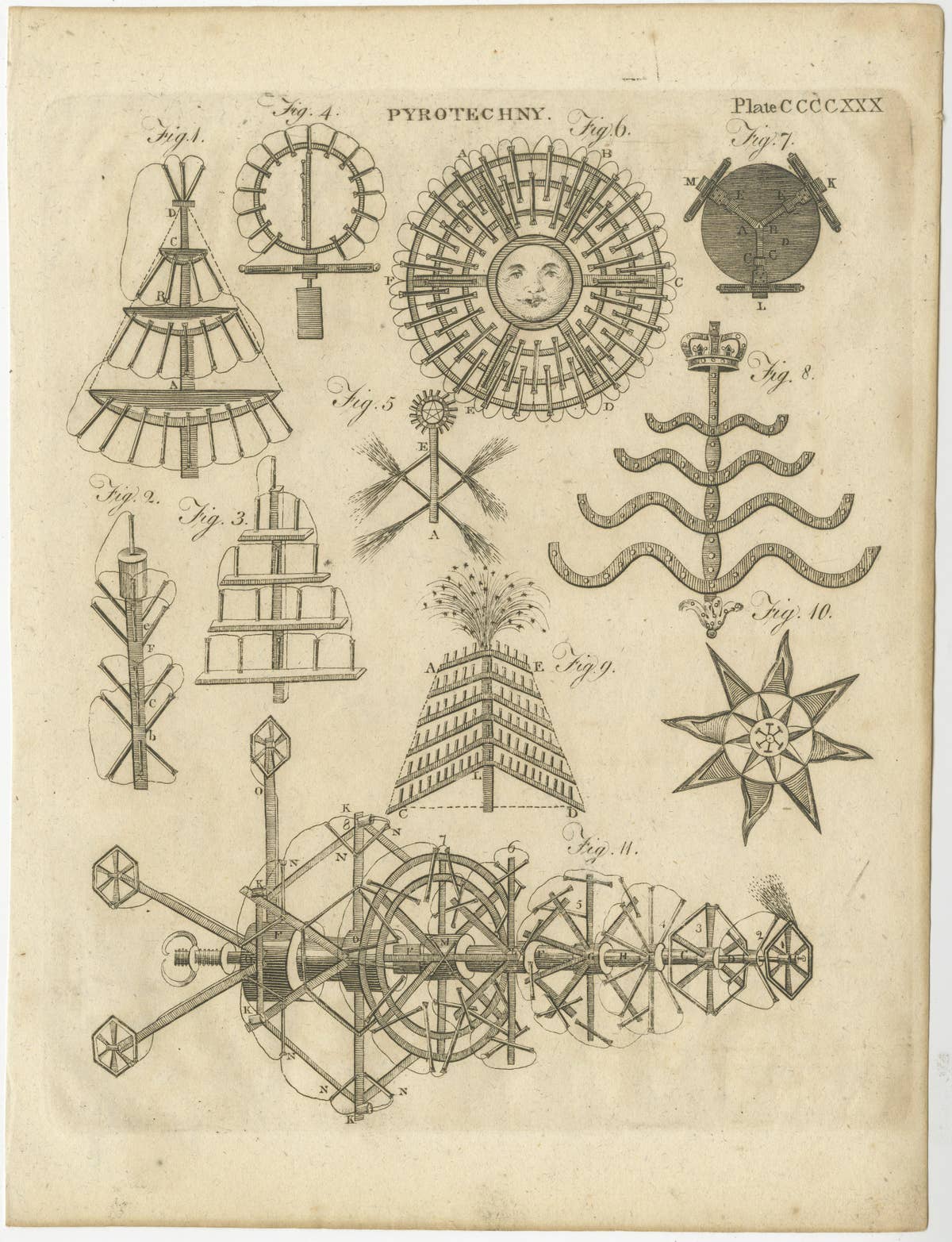 Set of 5 Antique Prints of Pyrotechnics 'c.1800'