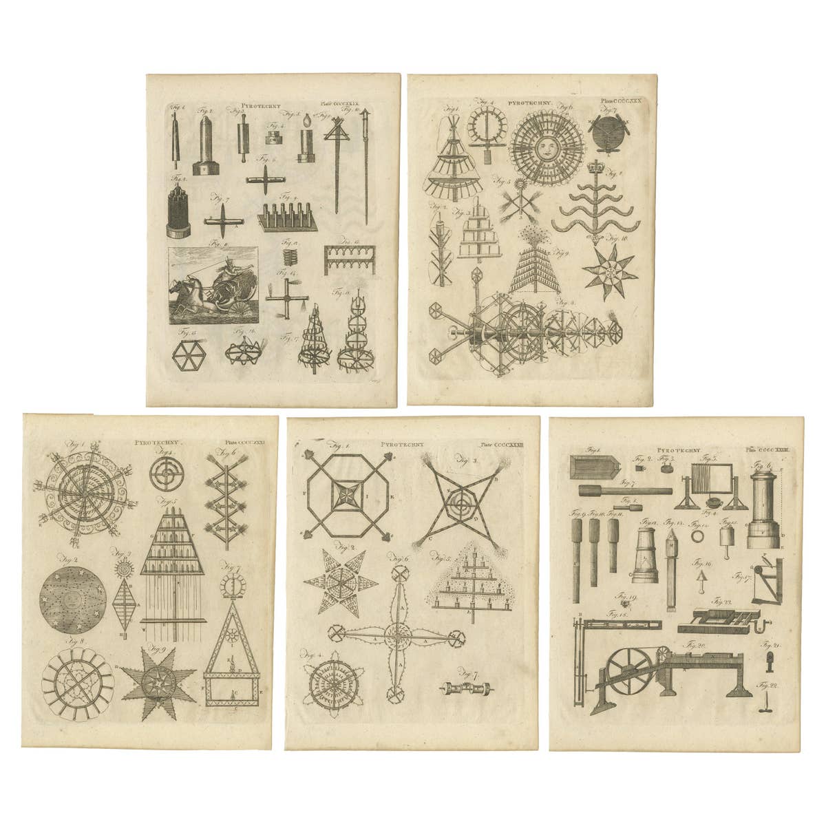 Set of 5 Antique Prints of Pyrotechnics 'c.1800'