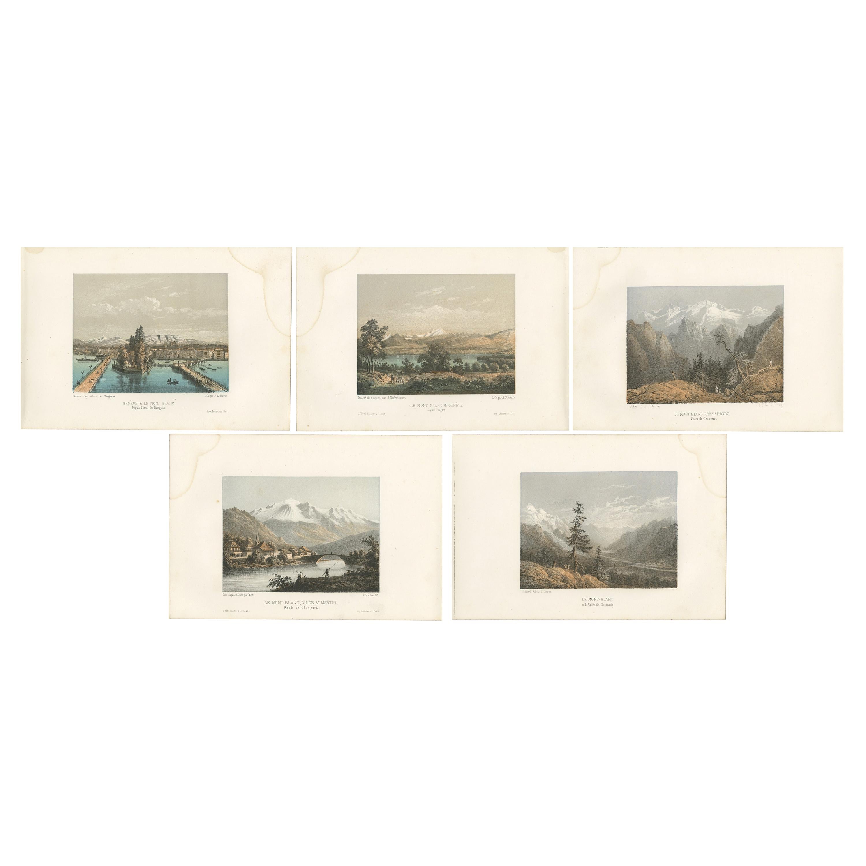Set of 5 Antique Prints of Switzerland - Mont Blanc - by Morel (c.1850) For Sale