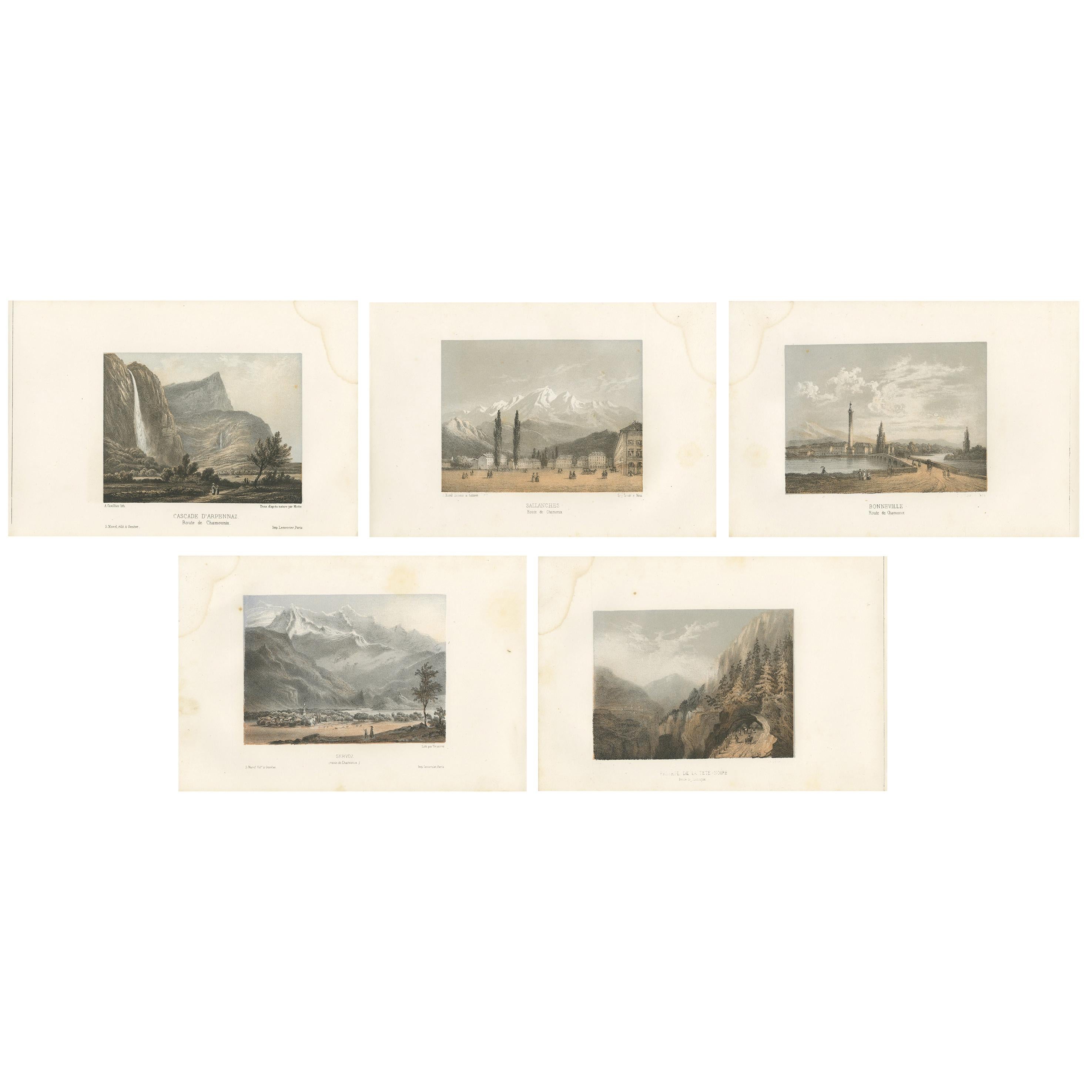 Set of 5 Antique Prints of Switzerland, Route de Chamonix, by Morel, circa 1850 For Sale