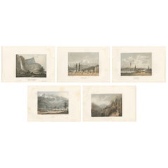 Set of 5 Antique Prints of Switzerland, Route de Chamonix, by Morel, circa 1850