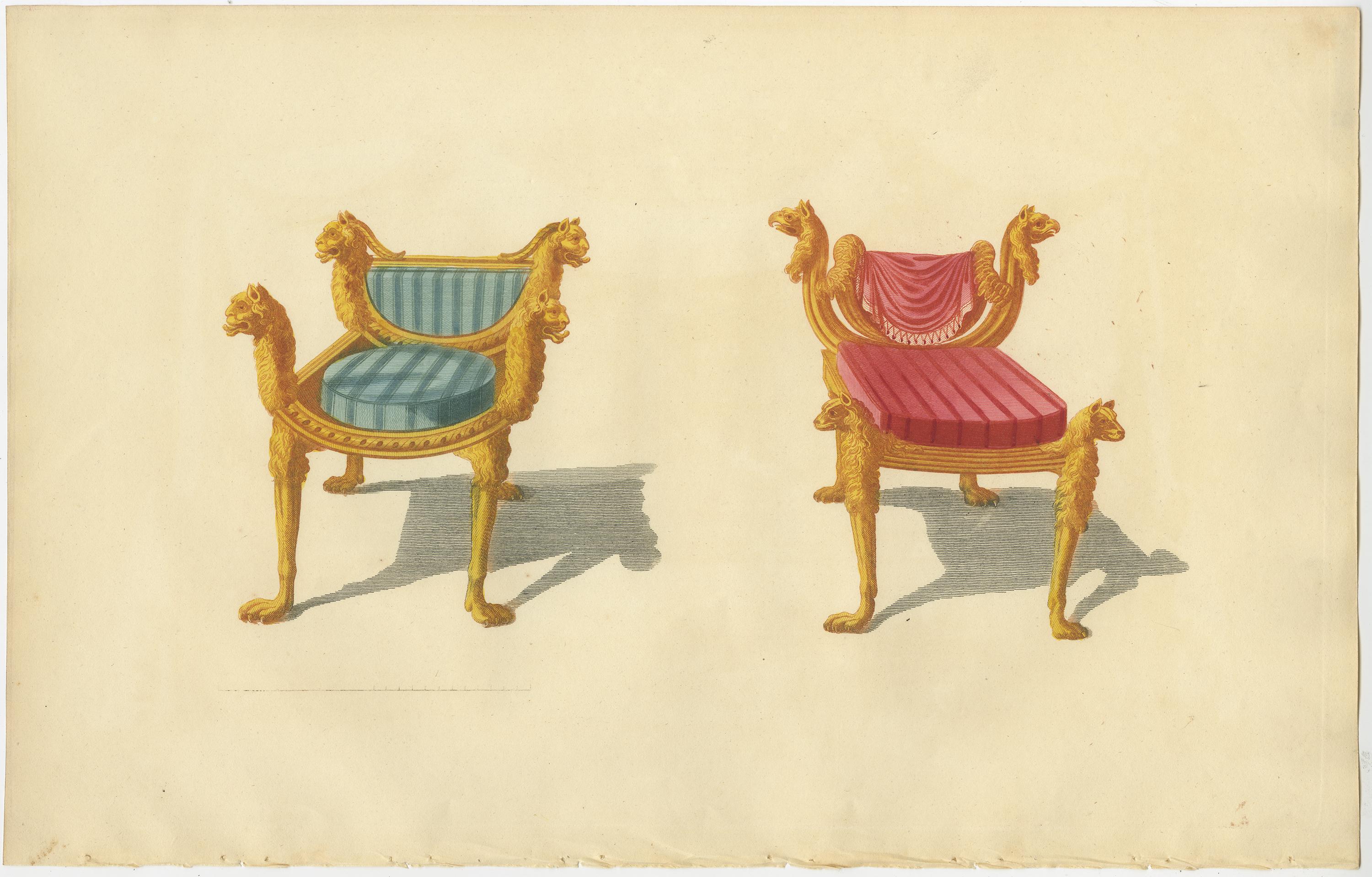 Set of five antique prints of various chairs. These prints originate from 'The General Artist's Encyclopaedia' by Thomas Sheraton. Published 1803-1805.
