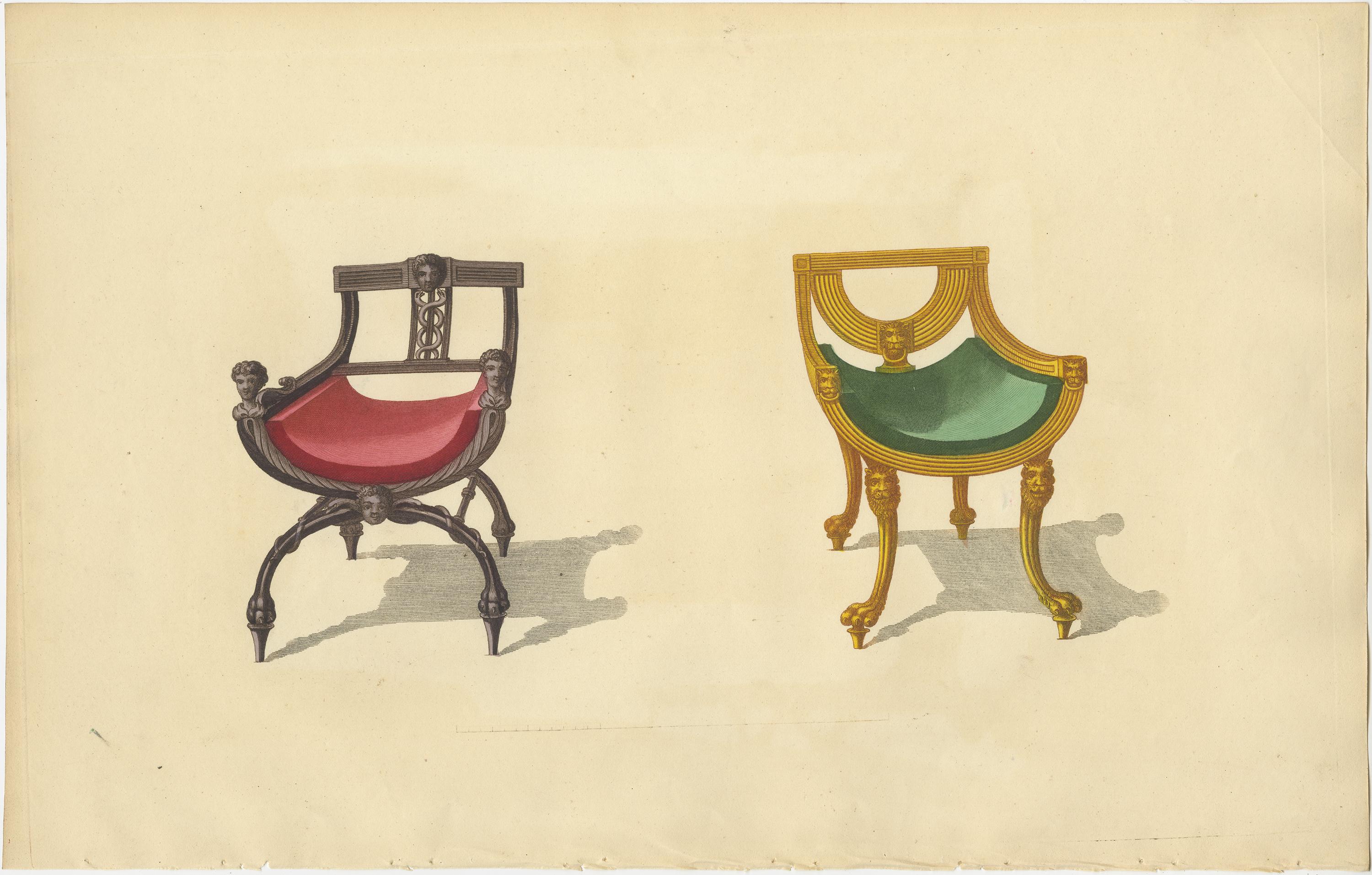 Set of 5 Antique Prints of Various Chairs by Sheraton '1805' In Good Condition For Sale In Langweer, NL