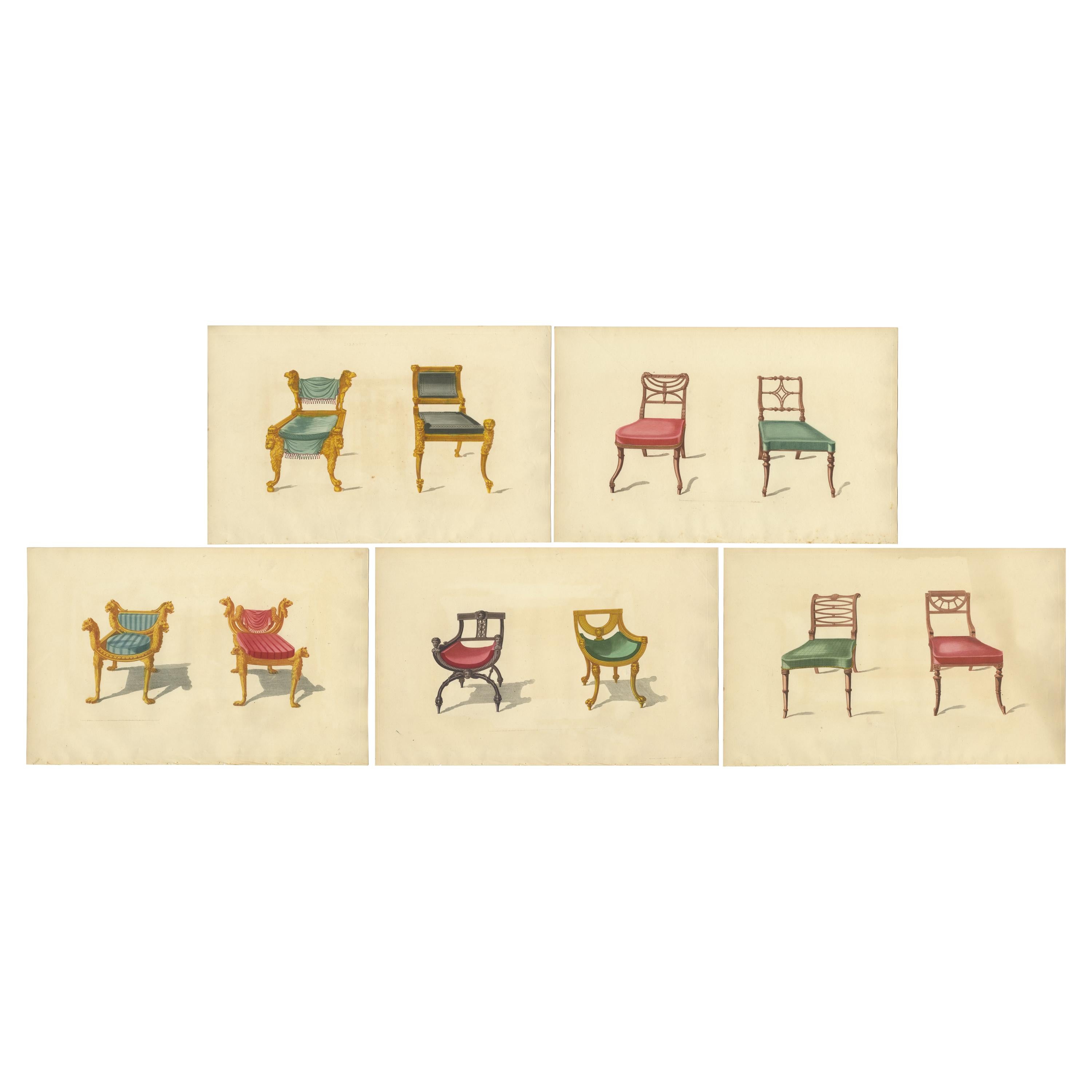 Set of 5 Antique Prints of Various Chairs by Sheraton '1805' For Sale