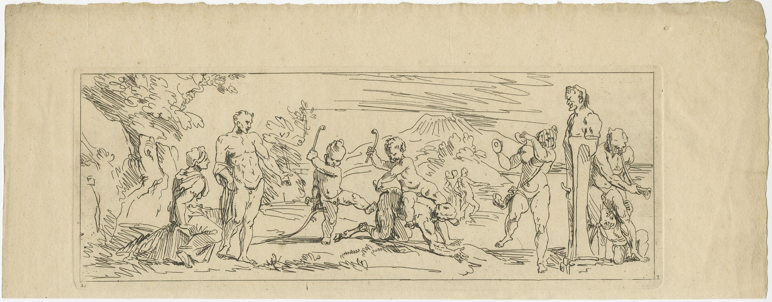 Ensemble de cinq estampes anciennes représentant divers personnages tels que des nymphes. Ces estampes font partie d'une série intitulée 