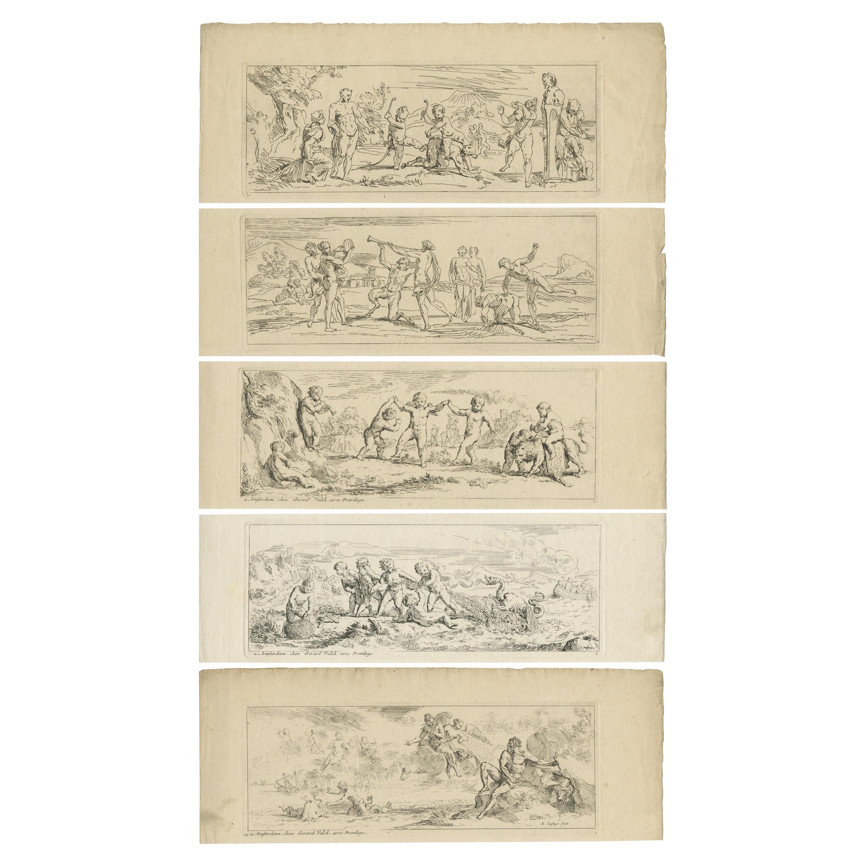 Set di 5 stampe antiche di personaggi vari di De La Fage "C.1698 in vendita
