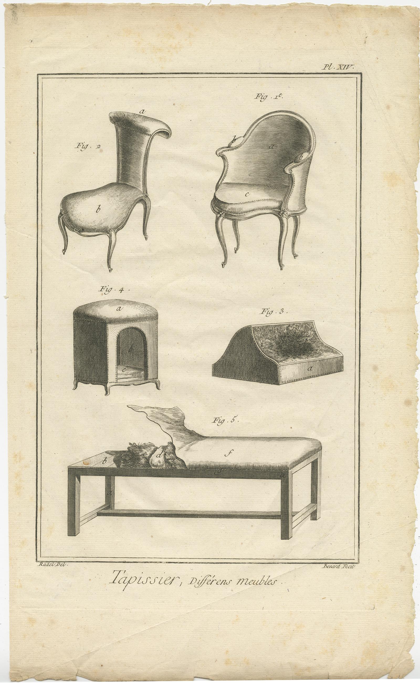 Set of five antique prints of various furniture. Published by Benard after Radel, circa 1785.