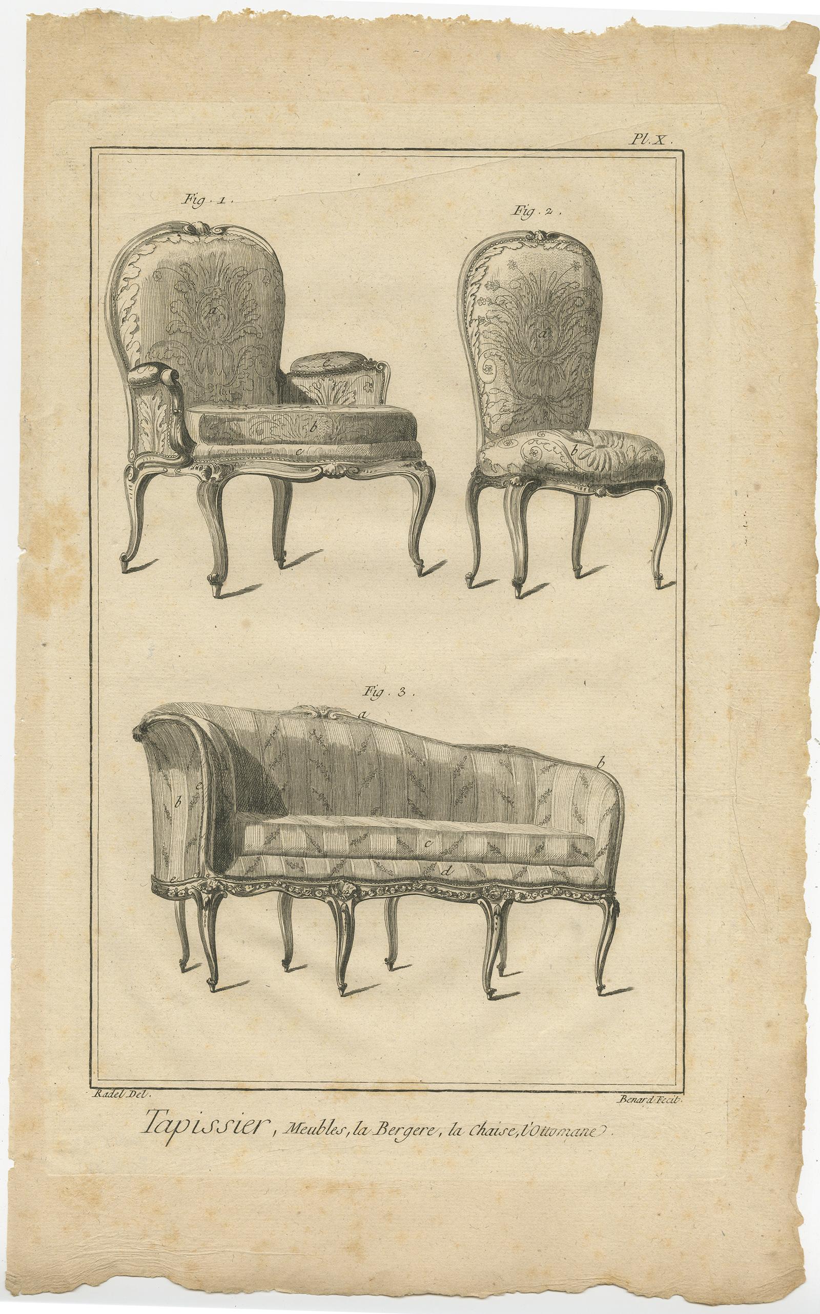 XVIIIe siècle Ensemble de 5 estampes anciennes de meubles divers par Benard, vers 1785 en vente