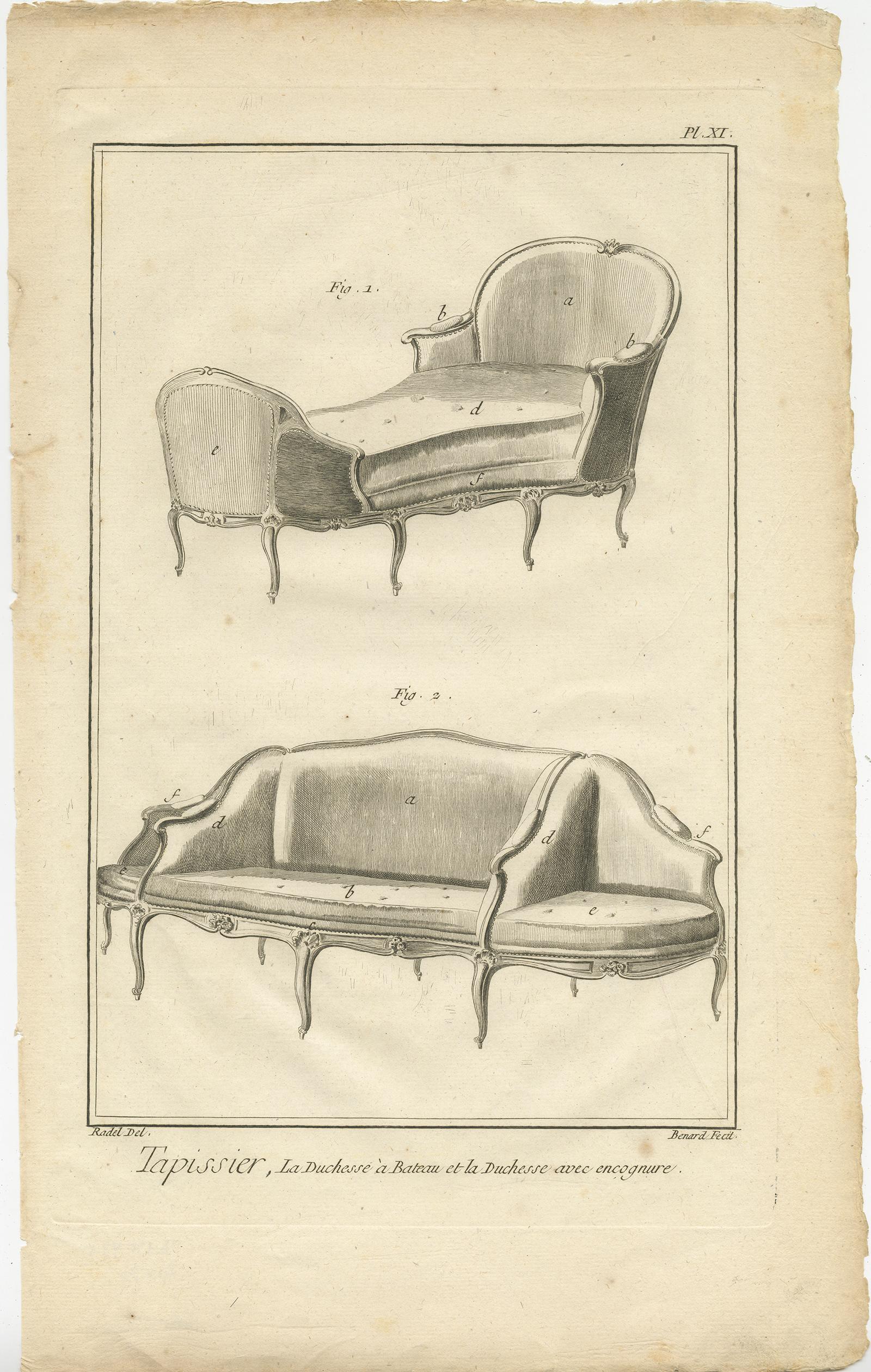 Papier Ensemble de 5 estampes anciennes de meubles divers par Benard, vers 1785 en vente