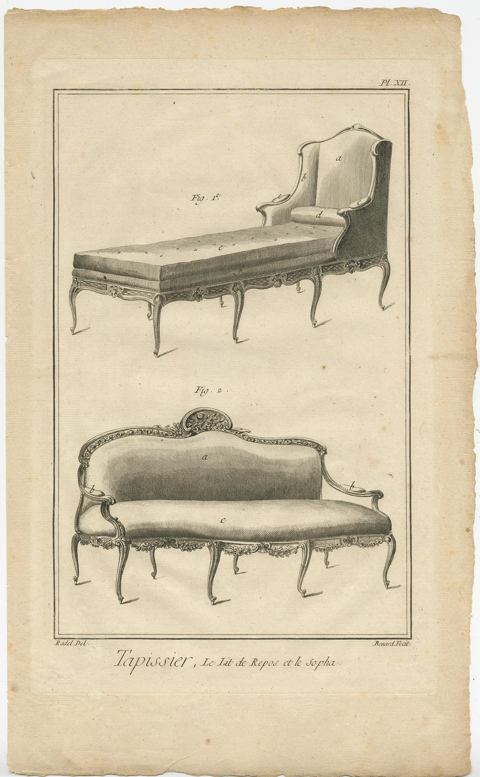 Ensemble de 5 estampes anciennes de meubles divers par Benard, vers 1785 en vente 1
