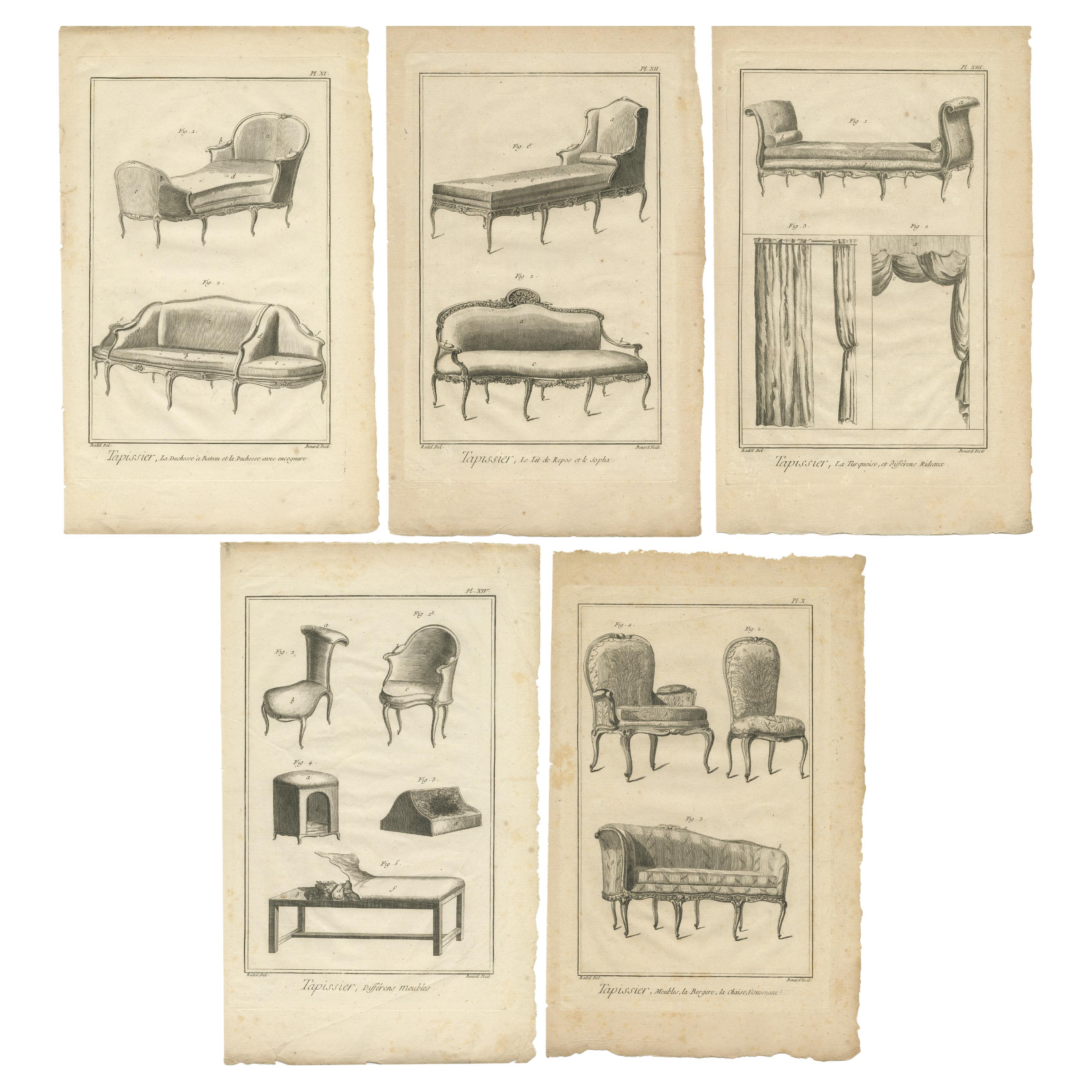 Set of 5 Antique Prints of Various Furniture by Benard 'c.1785' For Sale