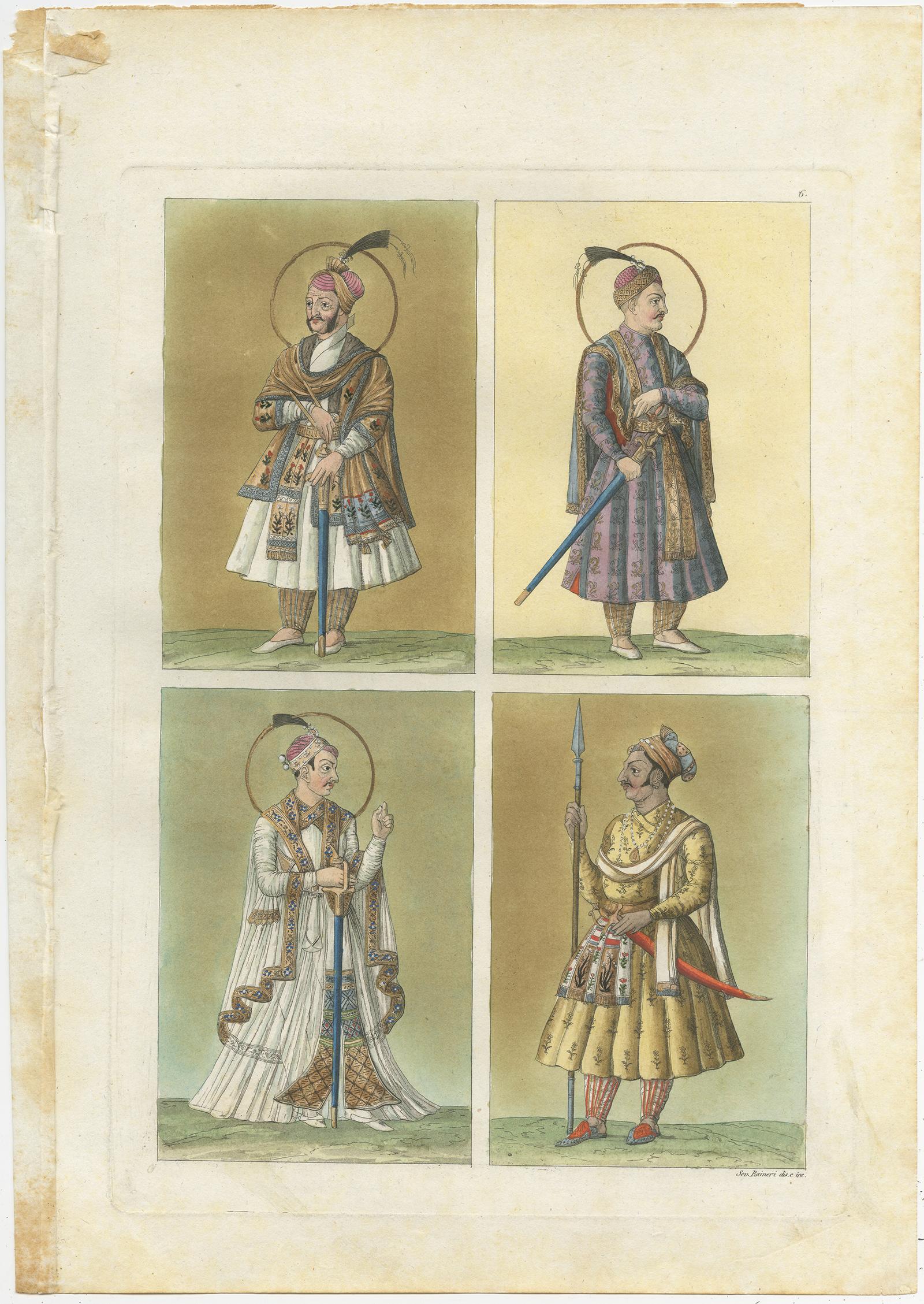 Set of five antique prints with Hindustan miniatures, drawn from a collection of portraits. These prints originate from 'Costume Antico e Moderno: Palestine, China, India, Oceania' by Ferrario. Published 1831.
