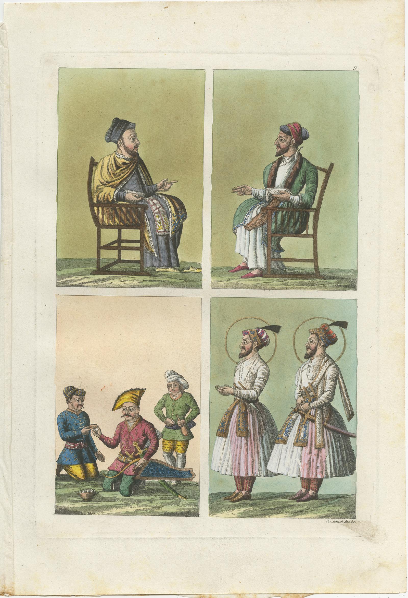 Paper Set of 5 Antique Prints with Hindustan Miniatures by Ferrario '1831' For Sale