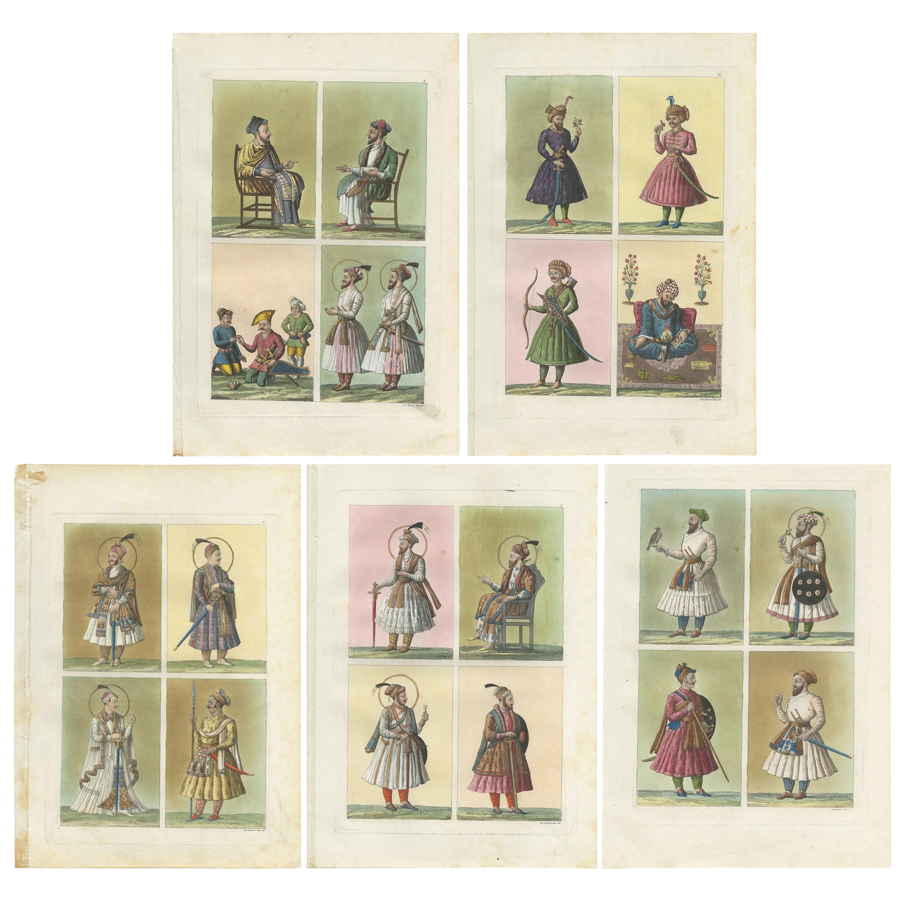 Set of 5 Antique Prints with Hindustan Miniatures by Ferrario '1831' For Sale