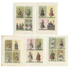 Set of 5 Antique Prints with Hindustan Miniatures by Ferrario '1831'