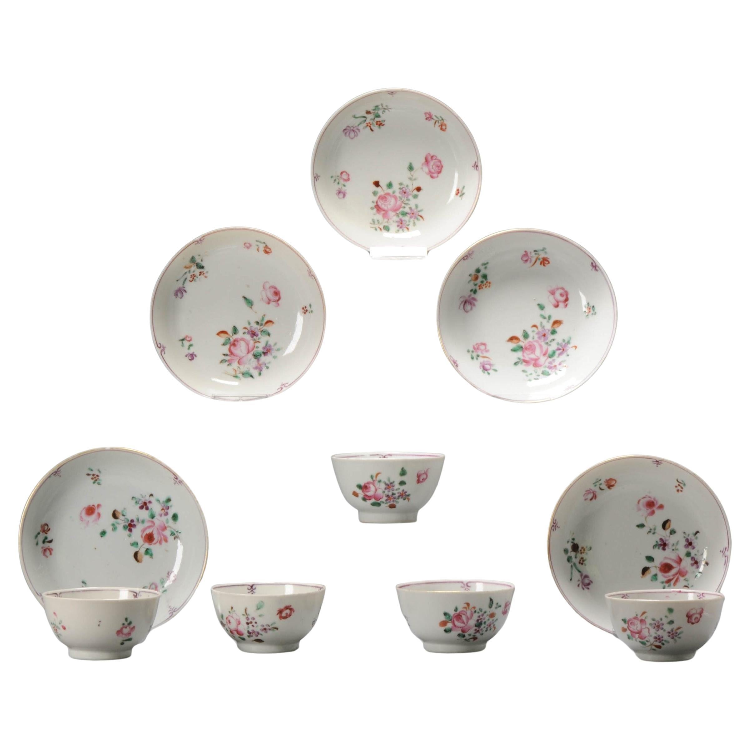 Set of 5 Antique Qianlong Period Chinese Porcelain Floral Tea Bowls with Dish