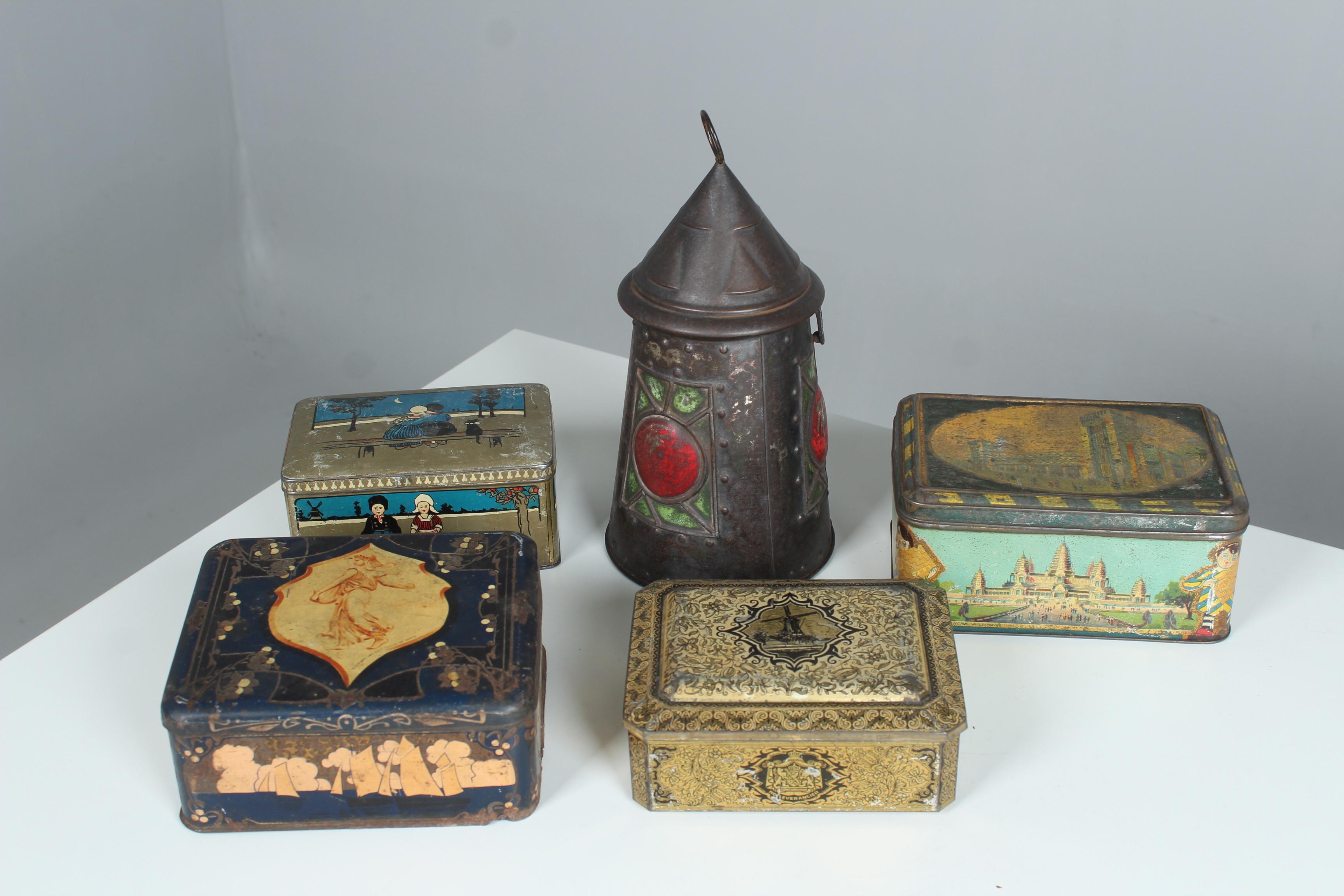 French Set Of 5 Antique Tin Cans from France, Art Nouveau, Art Deco, Cookie Tin Cans For Sale