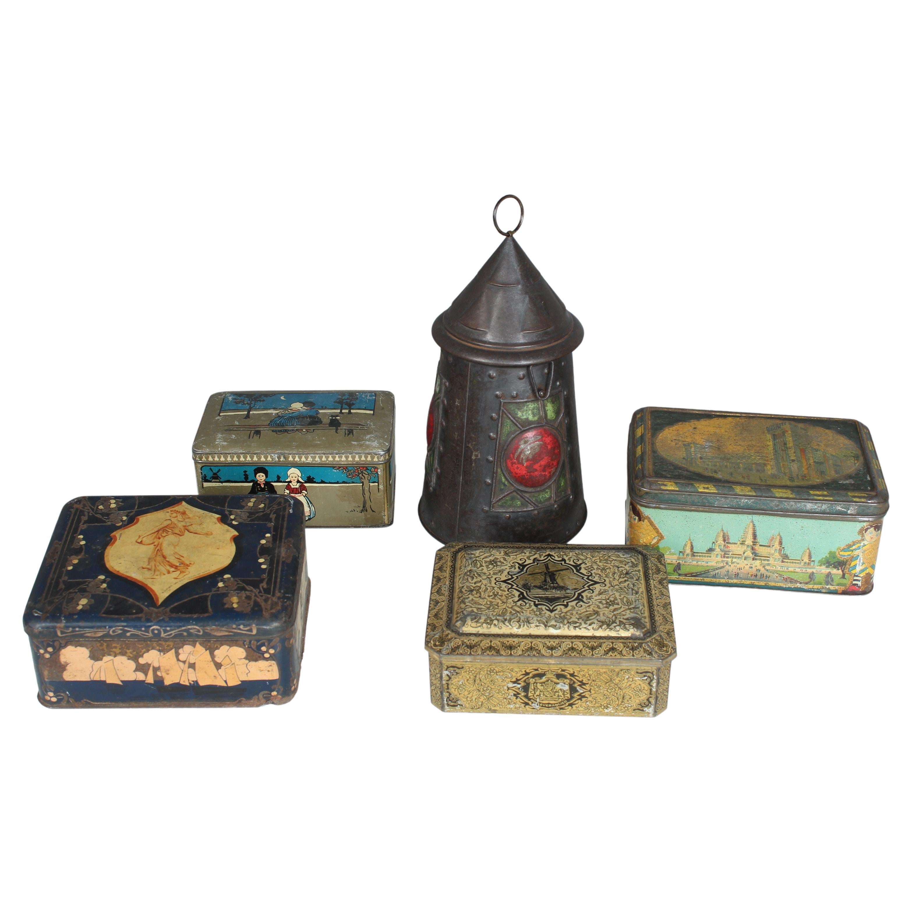 Set aus 5 antiken Zinndosen aus Frankreich, Jugendstil, Art déco, Cookie-Tindosen