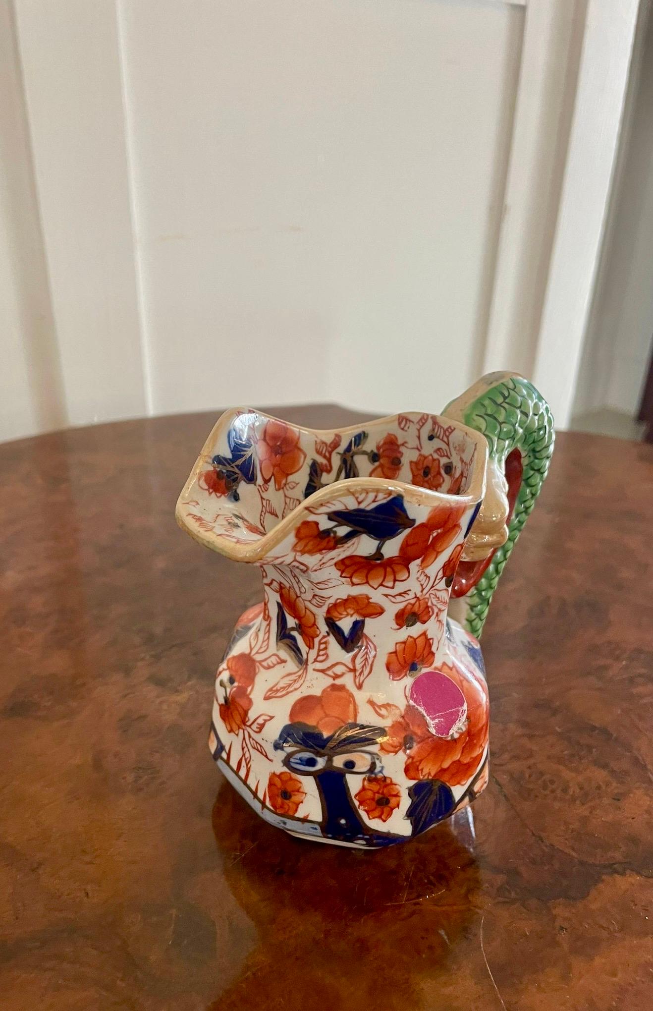 Set of 5 antique Victorian quality mason ironstone jugs in wonderful hand painted Imari colours with a shaped snake handle 


A delightful set all in perfect original condition


Dimensions:
Largest
Height 21 cm 
Width 22 cm 
Depth 16 cm 


Dated