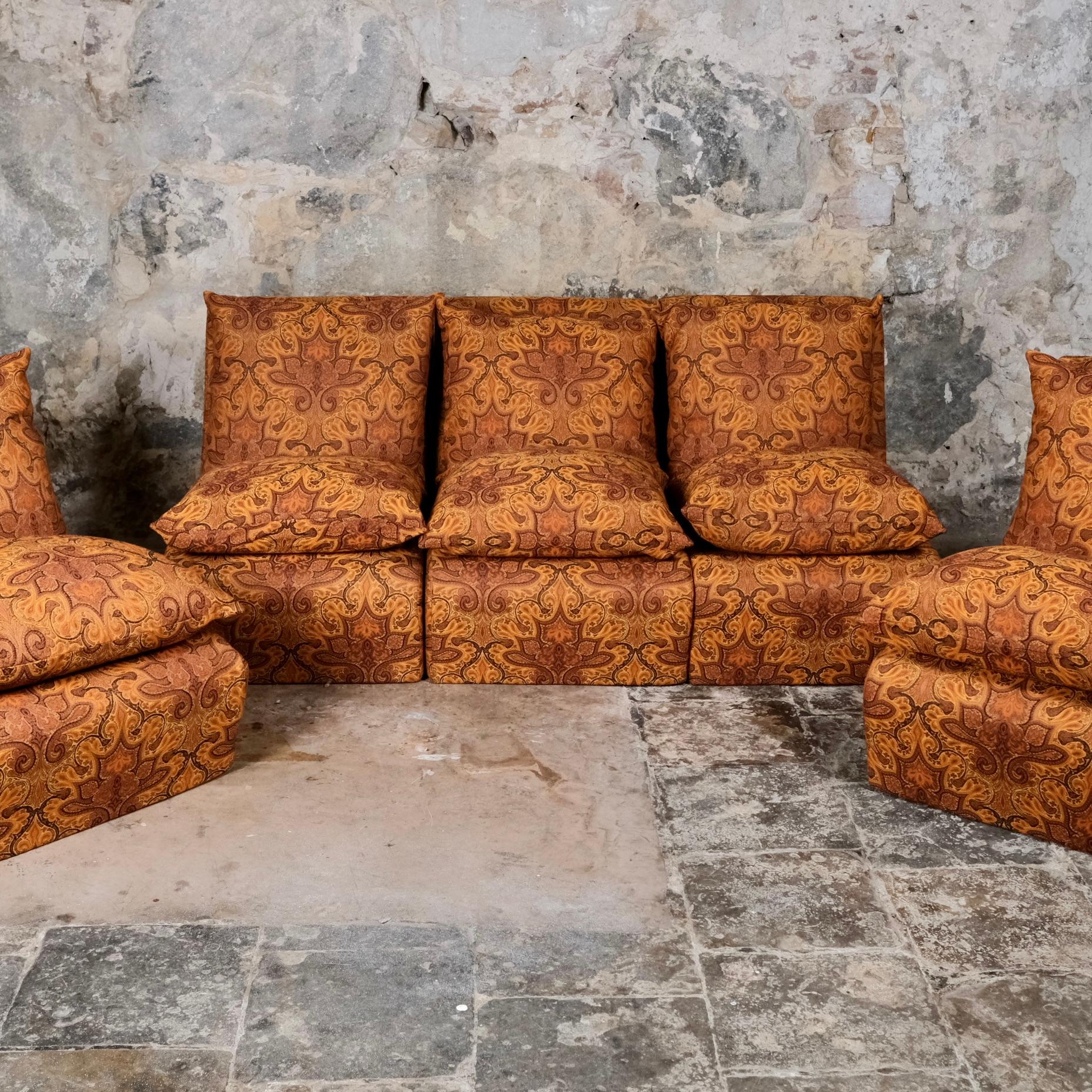 French Set of 5 armchairs in paisley jacquard fabric by Burov, made in France, 1969