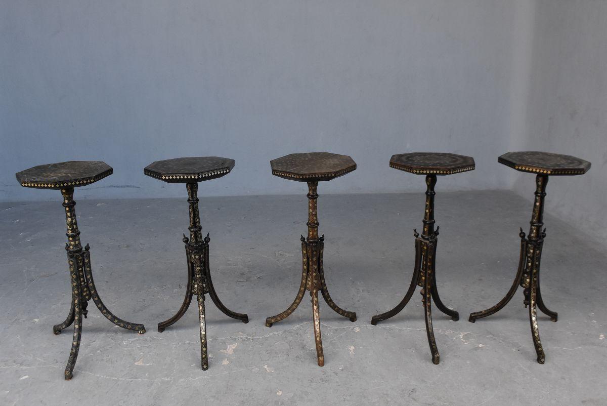 Rare set of 5 Armenian or Turkish pedestals decorated with silver of very good quality. One of them carries a label (hard to decipher) decorated with Turkish vine leaves and crescent. Measures: Height dimension 68 cm.