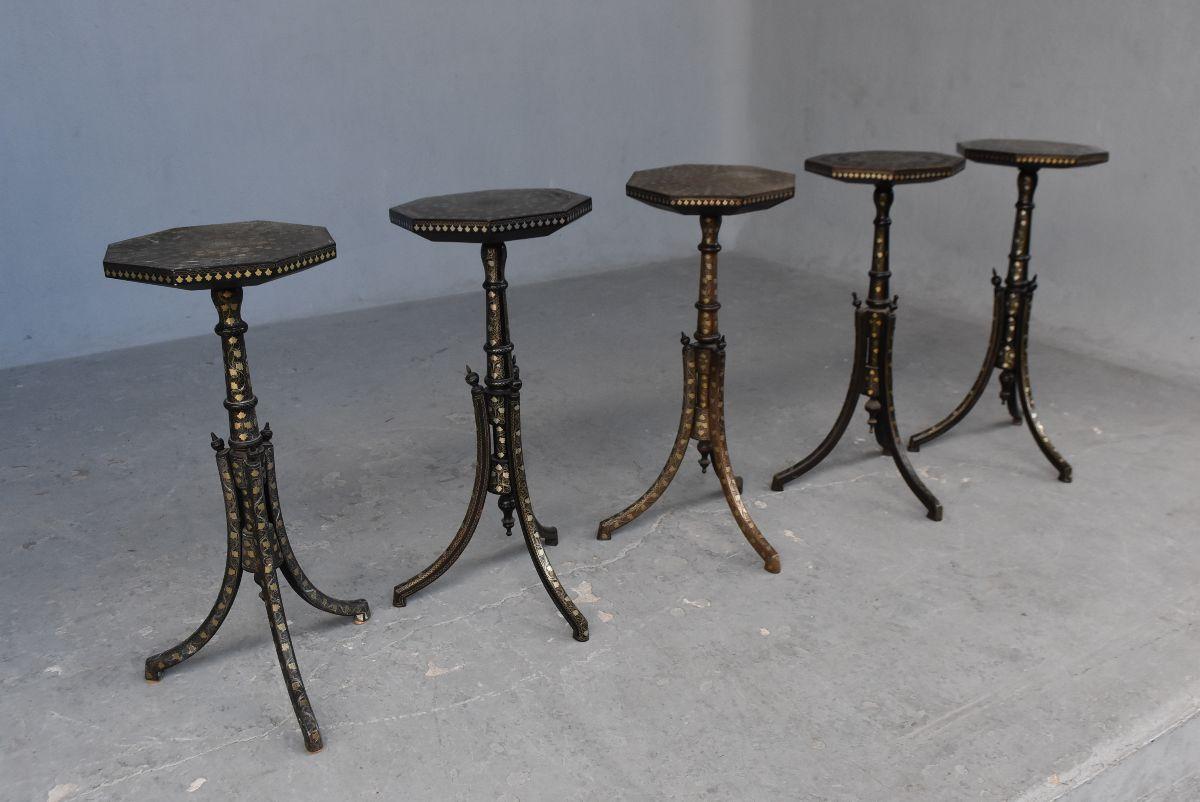 Other Set of 5 Armenian or Turkish Pedestals Table Decorated with Silver