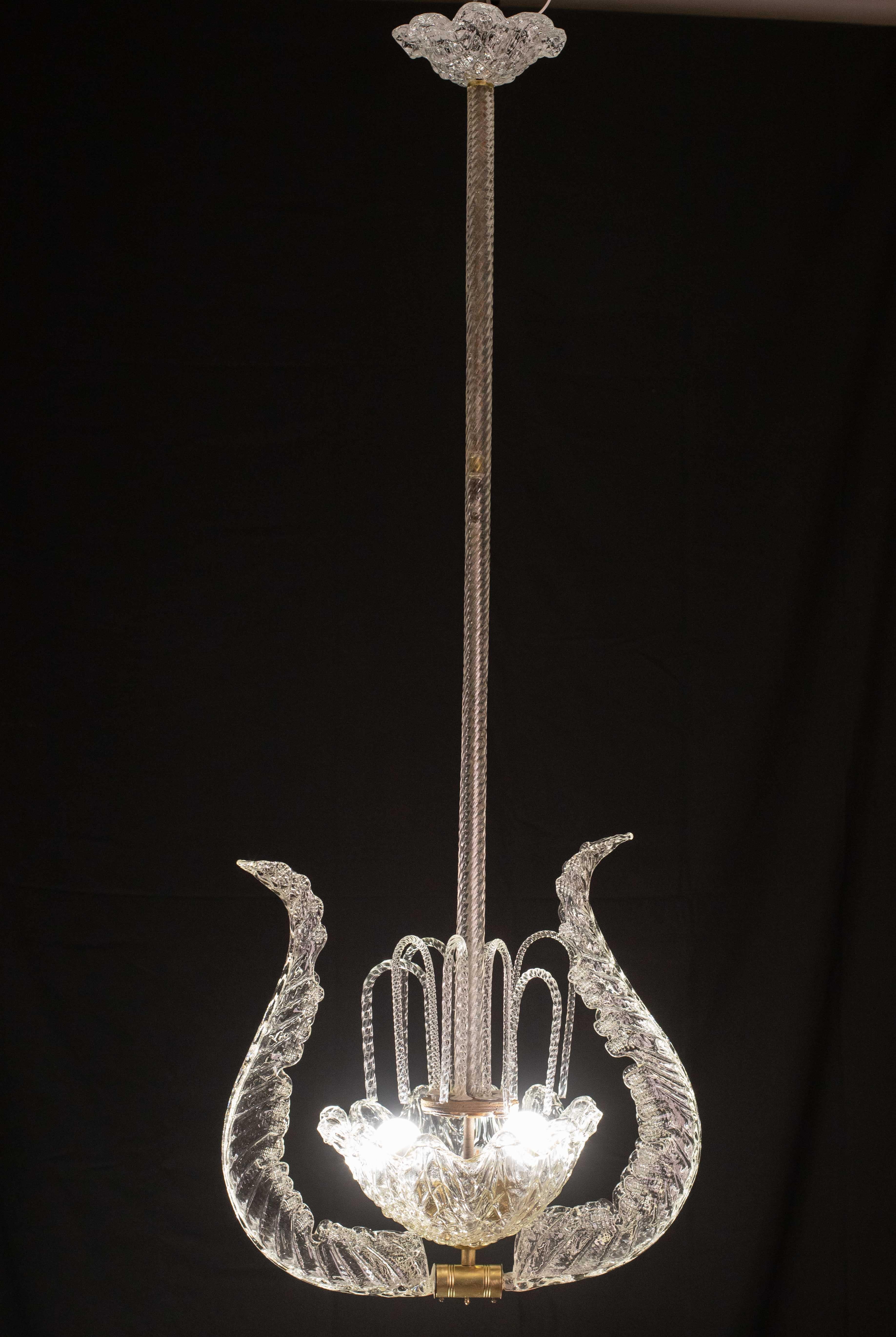 Art Deco Set of 5 Art Decò Fountain Chandelier By Barovier e Toso, Murano Glass, 1940 For Sale