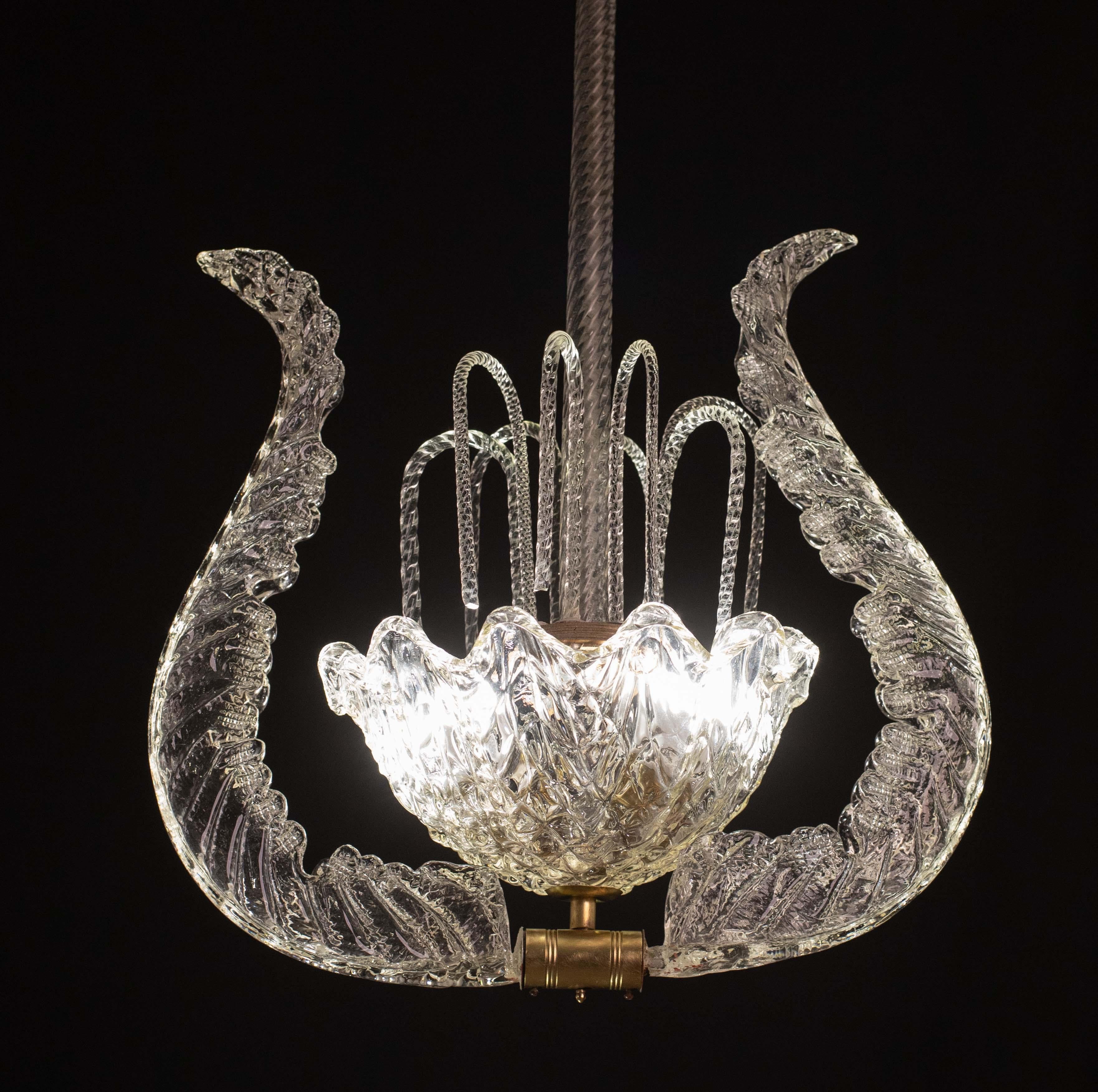 European Set of 5 Art Decò Fountain Chandelier By Barovier e Toso, Murano Glass, 1940 For Sale