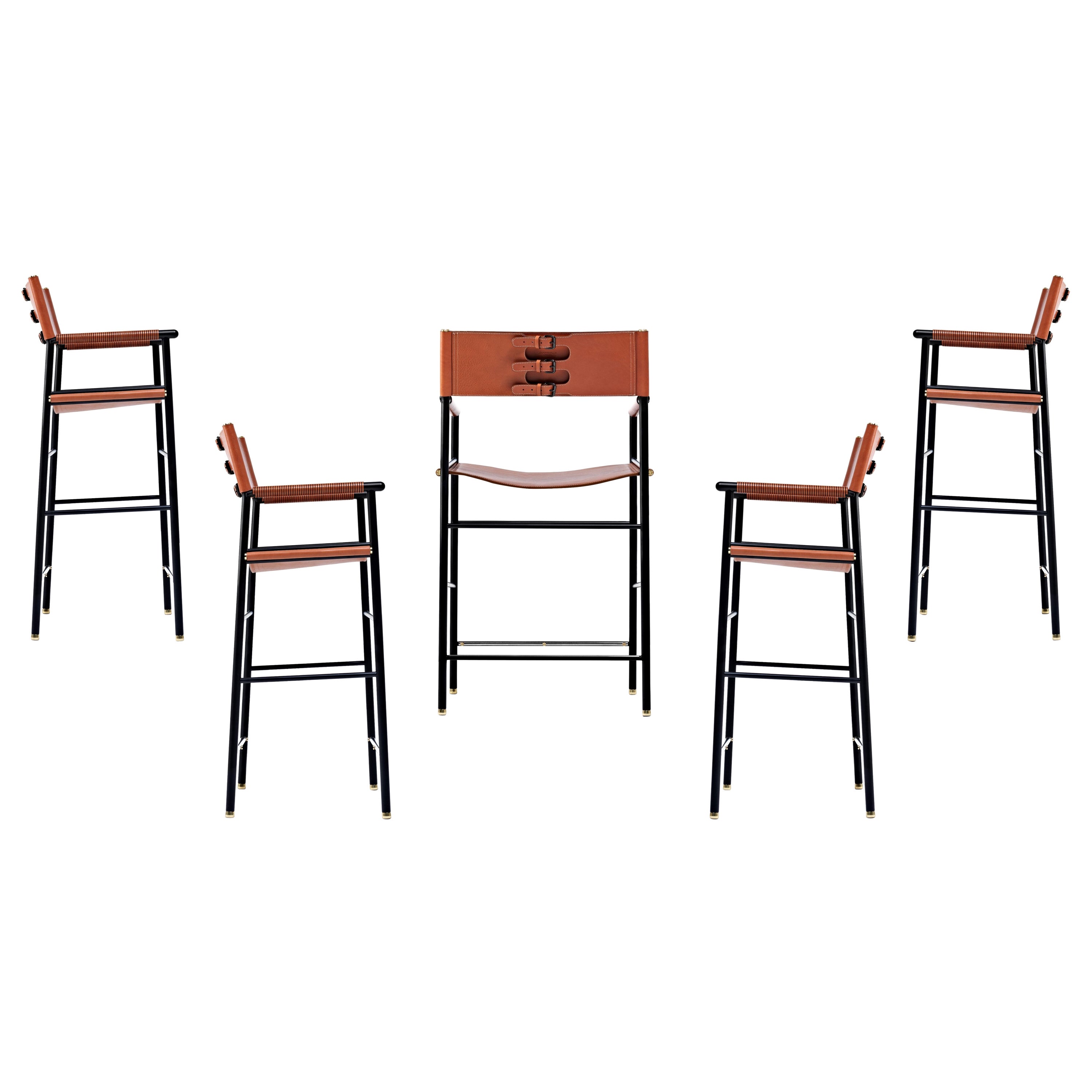 Set of 5 Artisan Bar Stool w. Backrest Natural Tan Leather & Black Rubber Metal