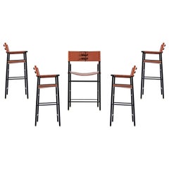 Set of 5 Artisan Bar Stool w. Backrest Natural Tan Leather & Black Rubber Metal