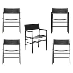 Set di 5 sedie artigianali contemporanee in pelle nera e gomma nera in metallo