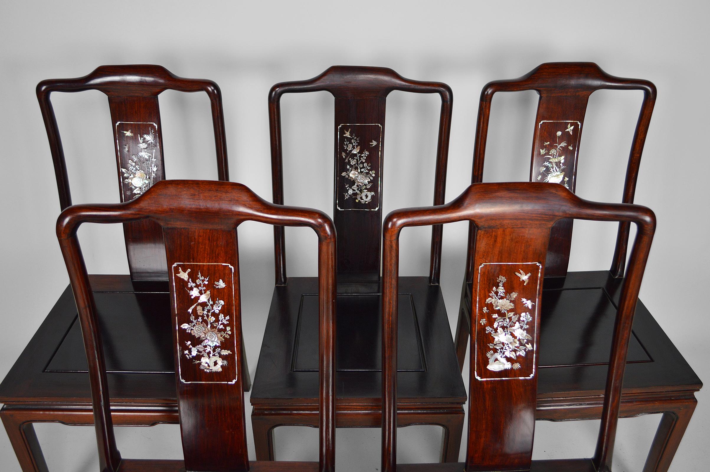 Chinese Export Set of 5 Asian Inlaid Wooden Chairs, Mid-20th Century