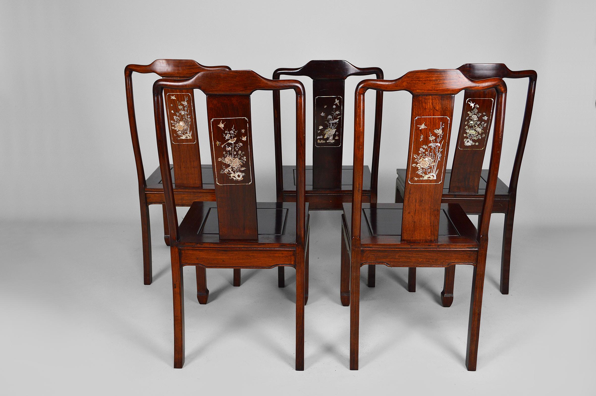 Chinese Set of 5 Asian Inlaid Wooden Chairs, Mid-20th Century