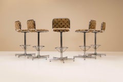 Set of 5 Bar Stools in Chrome and Patterned Velvet Upholstery, Italy 1970s