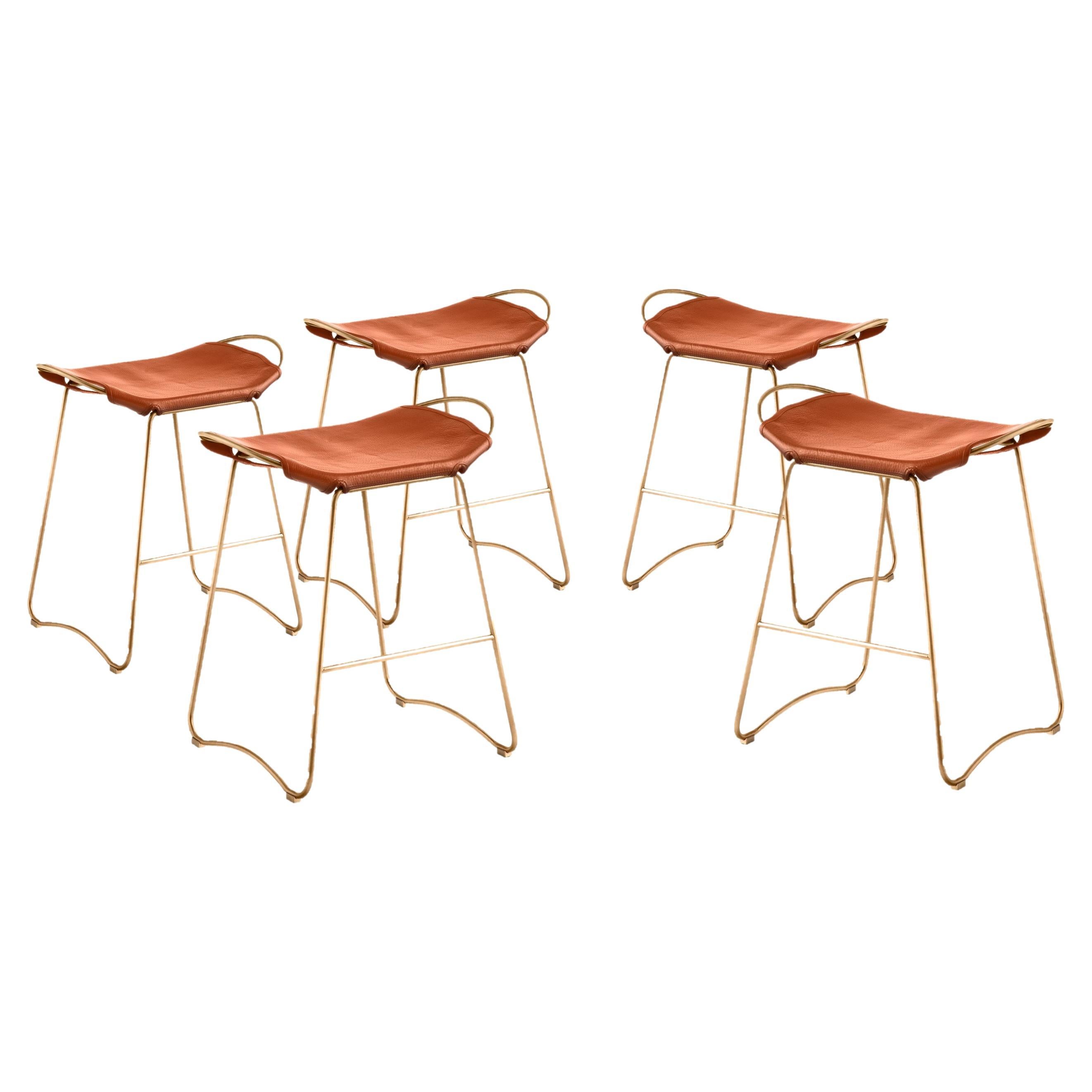 Set of 5 Contemporary Sculptural Bar Stool Brass Metal & Tobacco Leather