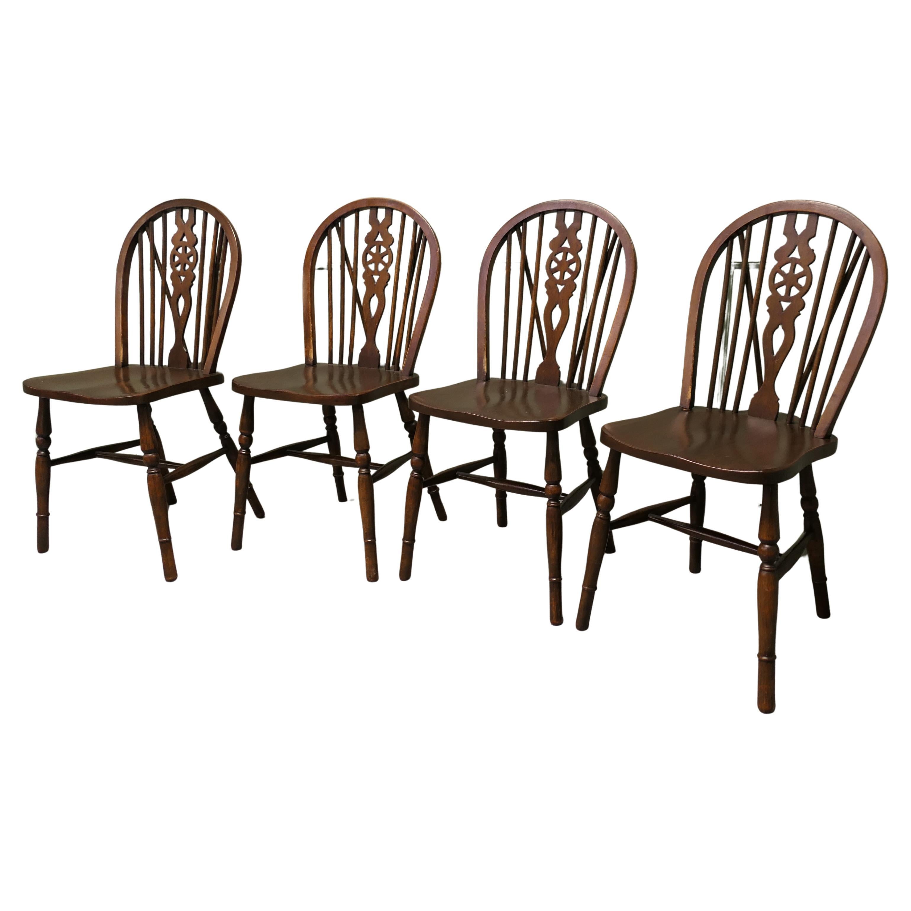 Set of 4 Beech 
Elm Wheel Back Windsor Kitchen Dining Chairs For Sale