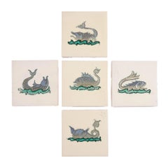 Set of 5 Belgian faience tiles of imaginary fish, c. 1920