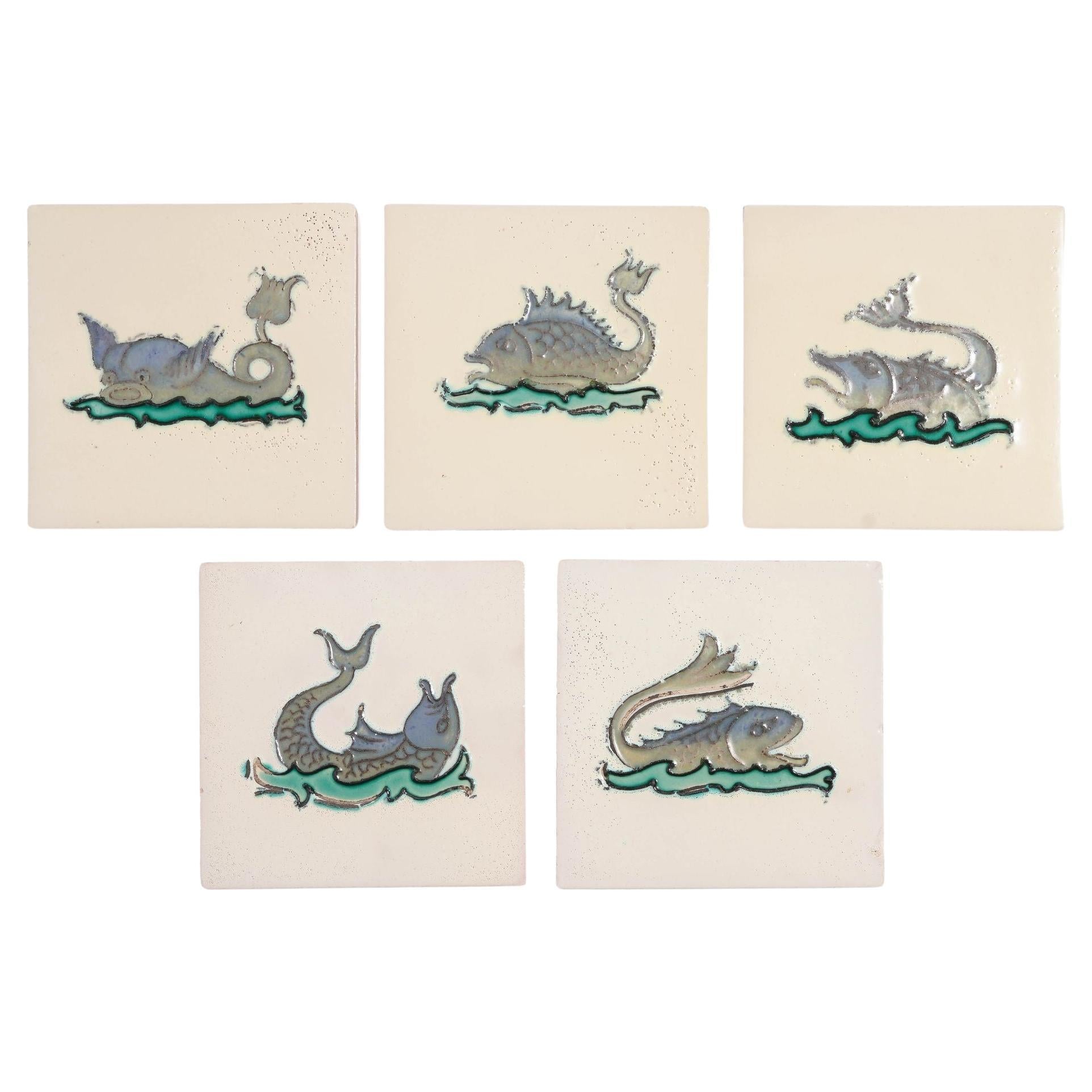 Set of 5 Belgian faience tiles of imaginary fish, c. 1920 For Sale