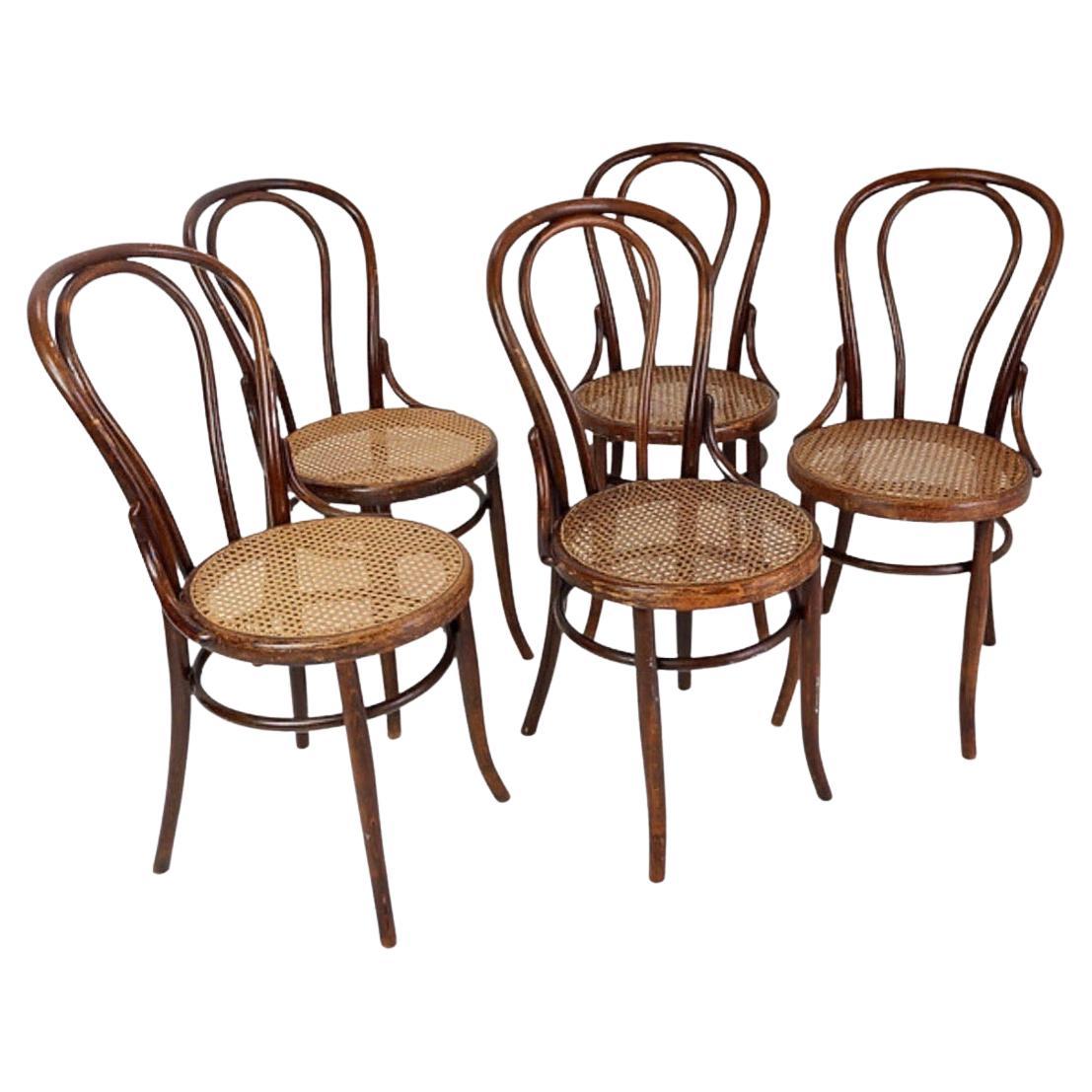 Satz von 5 Bugholzstühlen, die von der Firma Fischel zwischen 1890 und 1910 hergestellt wurden

Abnutzung entsprechend dem Alter und dem Gebrauch

Bohème Dekoration - Jugendstil - Thonet Stil

Maße: 44cmx49cm H:90cm SH:47cm 

MATERIAL : Bugholz -