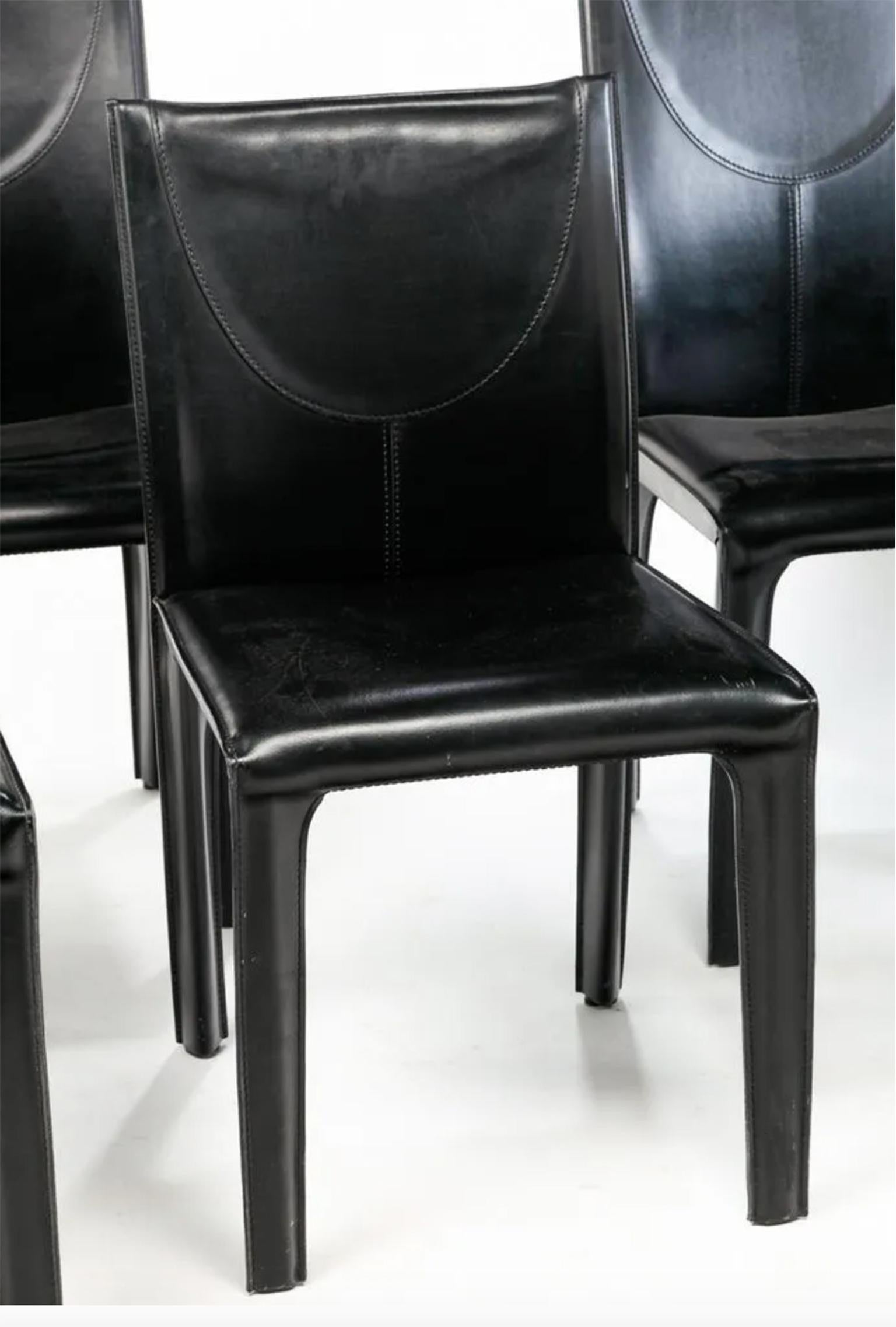 Mid-Century Modern Set of 5 Black Leather Covered Dining Chairs by Arper Made in Italy