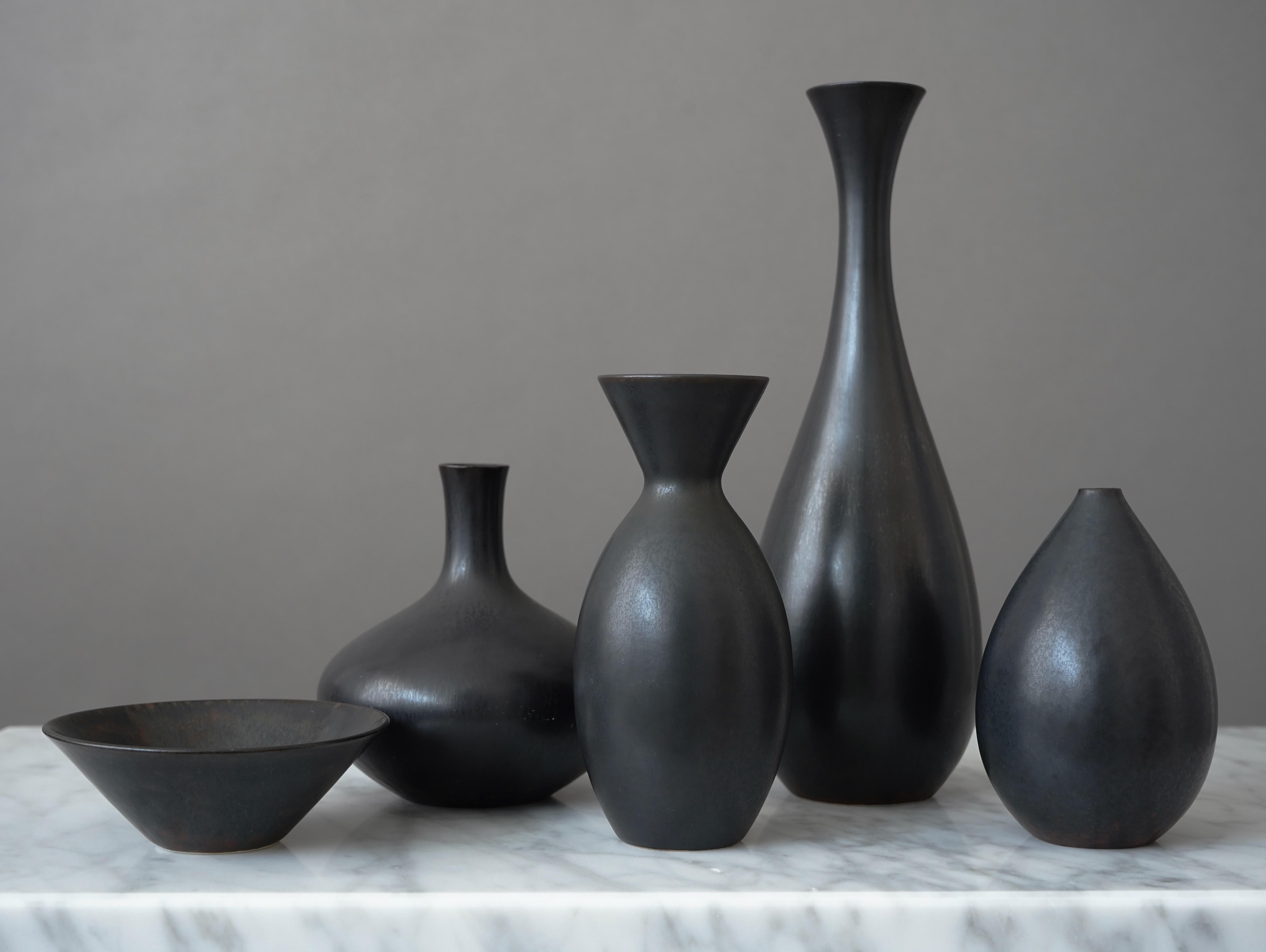 Ceramic Set of 5 Black Stoneware Vases by Carl-Harry Stalhane, Rorstrand, Sweden, 1950s For Sale
