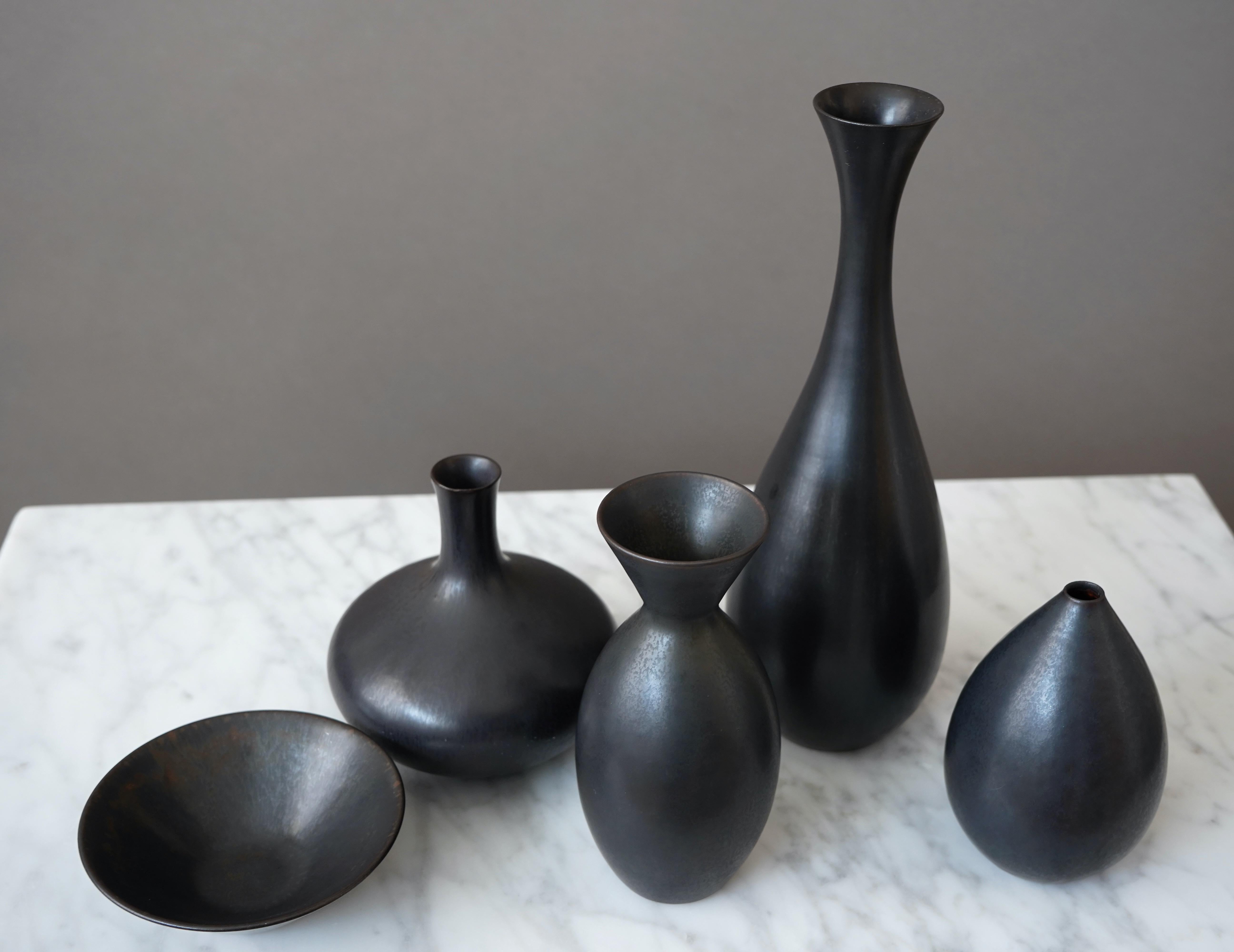 Set of 5 Black Stoneware Vases by Carl-Harry Stalhane, Rorstrand, Sweden, 1950s For Sale 1