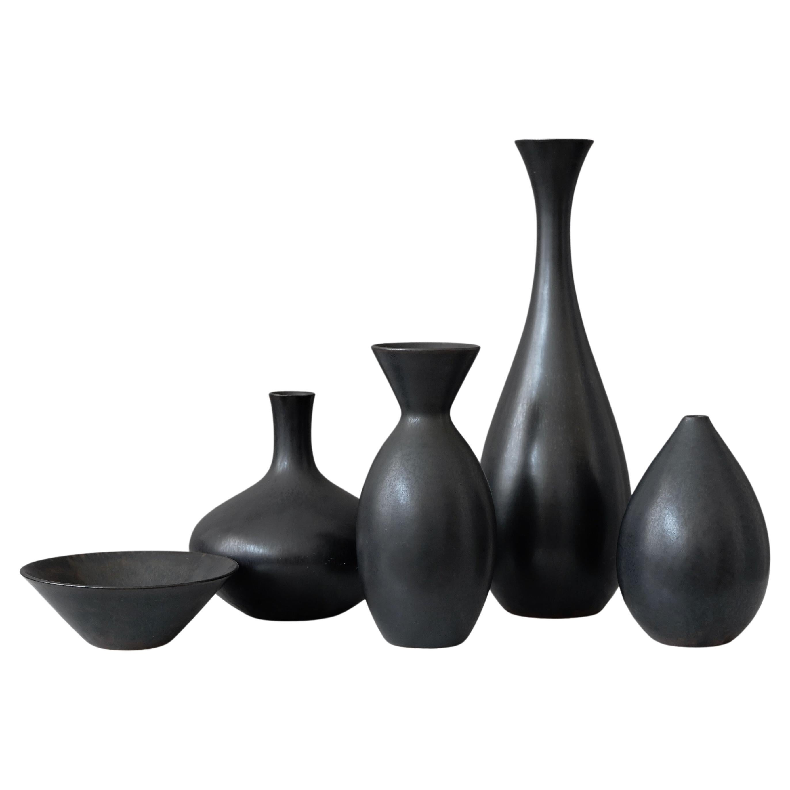 Set of 5 Black Stoneware Vases by Carl-Harry Stalhane, Rorstrand, Sweden, 1950s For Sale