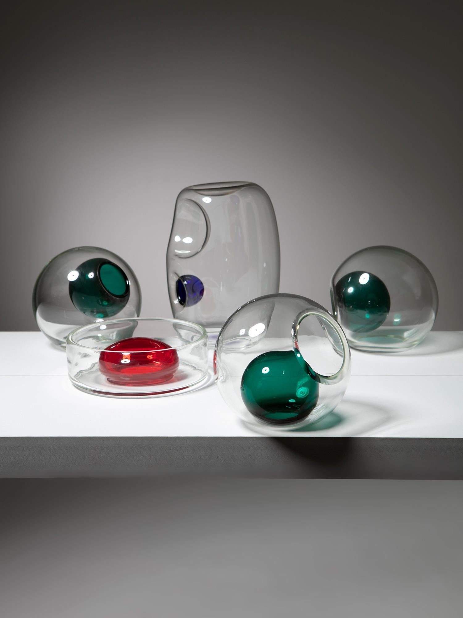 Rare set of glass centerpieces by Vistosi.
Different shape and glass color elements joined together with incalmo technique.
Size refers to the biggest piece.