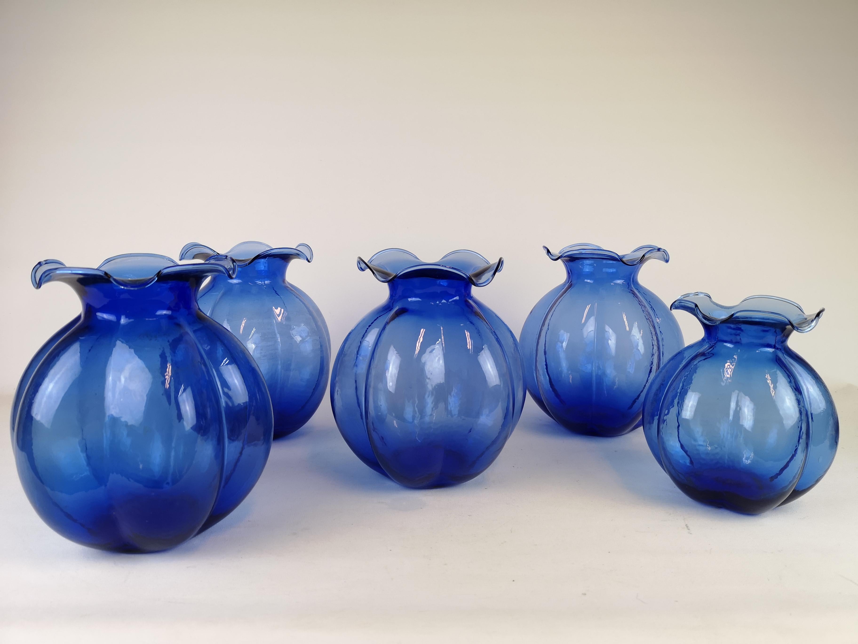 Glass Set of 5 Blue Vases Johansfors, Sweden, 1950s