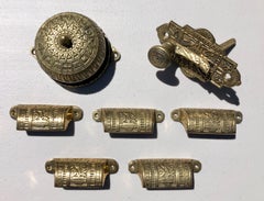 Set of 5 Brass Detailed Drawer Handles, Brass Lock and Freestanding Brass Bell
