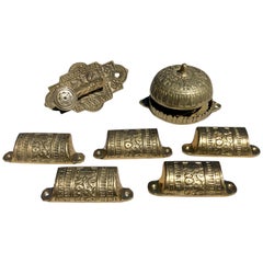 Set of 5 Brass Detailed Drawer Handles, Brass Lock and Freestanding Brass Bell