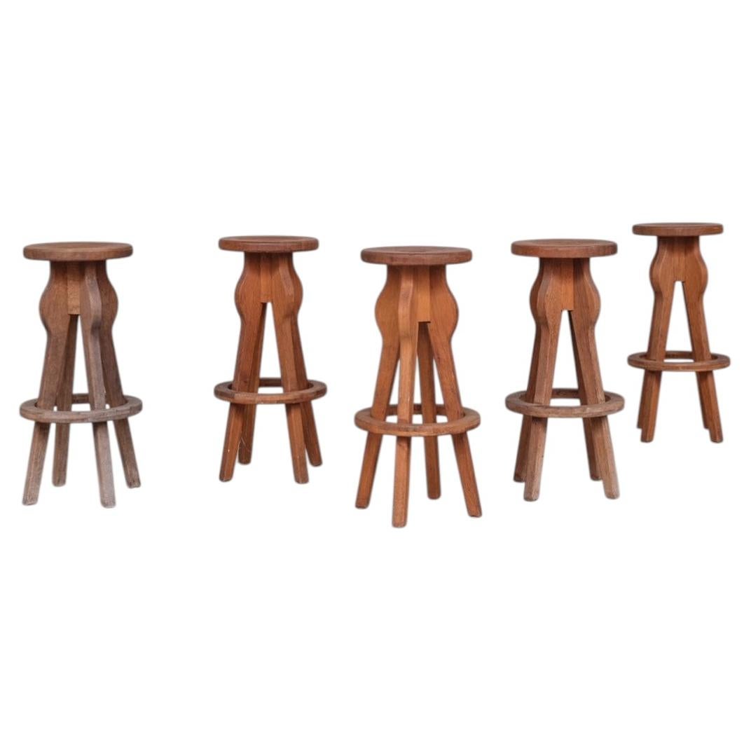 Set of 5 Brutalist Oak Mid-Century Belgium Bar Stools