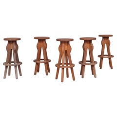 Set of 5 Brutalist Oak Mid-Century Belgium Bar Stools