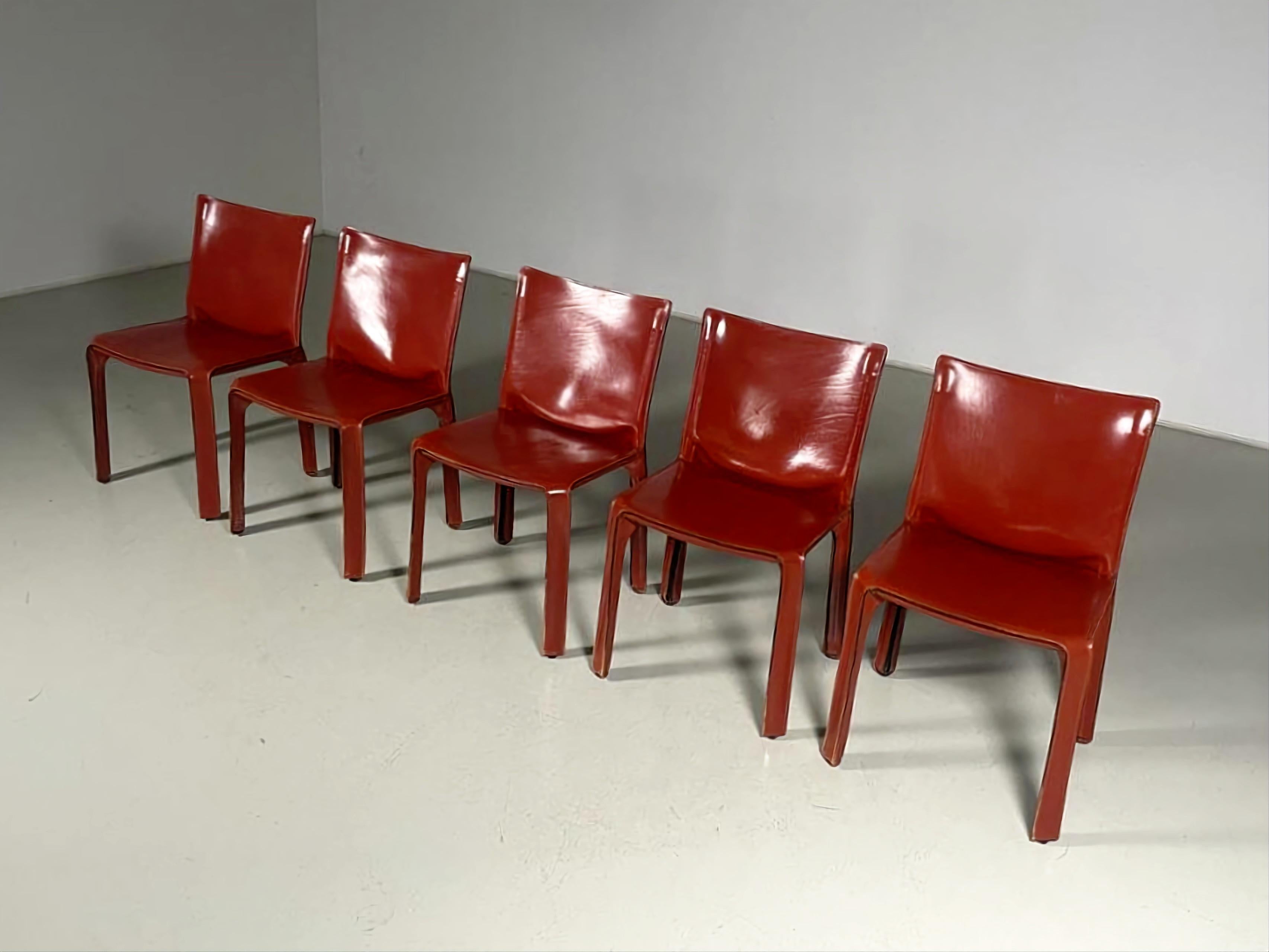 Mid-Century Modern Set of 5 CAB 412 Chairs in Russian Red leather by Mario Bellini for Cassina